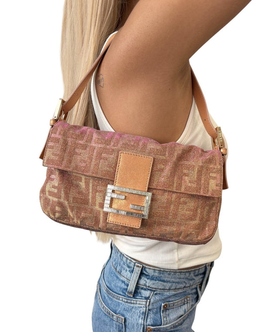 FENDI Vintage FF Logo Zucca Mamma Baguette Glitter Shoulder Bag Pink Beige