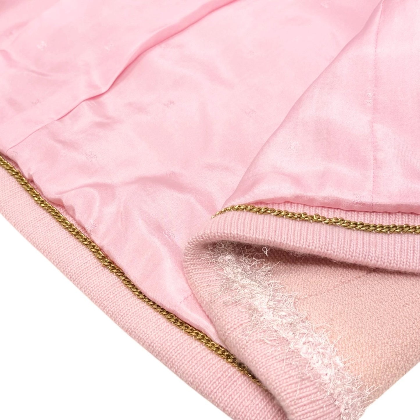 CHANEL Vintage 94A CC Logo Button Tweed Jacket Skirt Set #38 Wool Pink Fringe