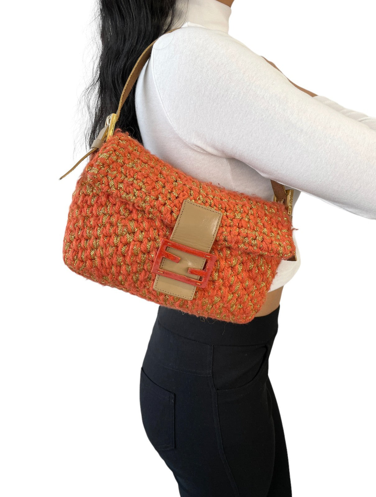 FENDI Vintage FF Mamma Baguette Wool Knit Shoulder Bag Glitter Orange Beige