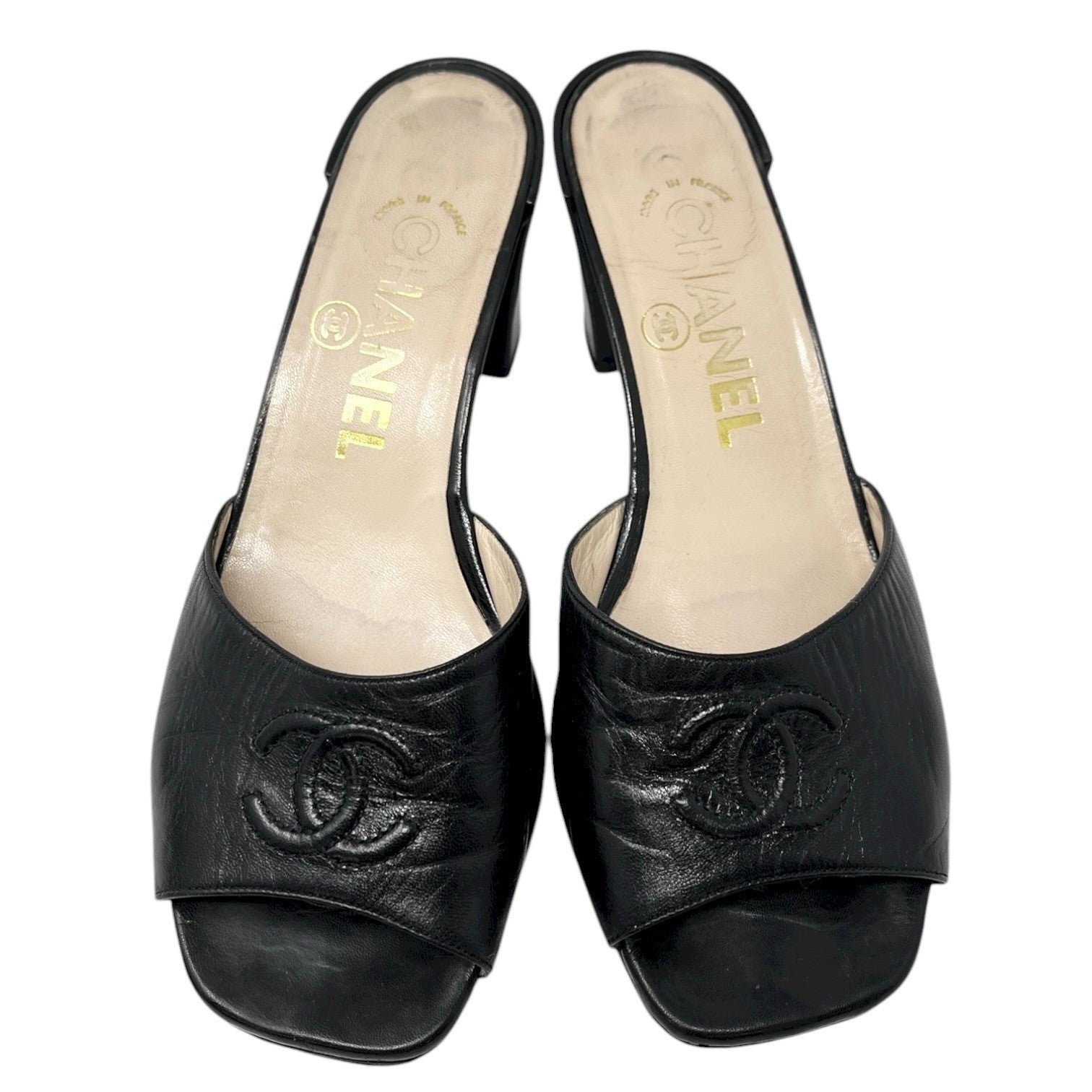 CHANEL Vintage CC Mark Logo Sandals #36 Heels Block Black Beige Leather