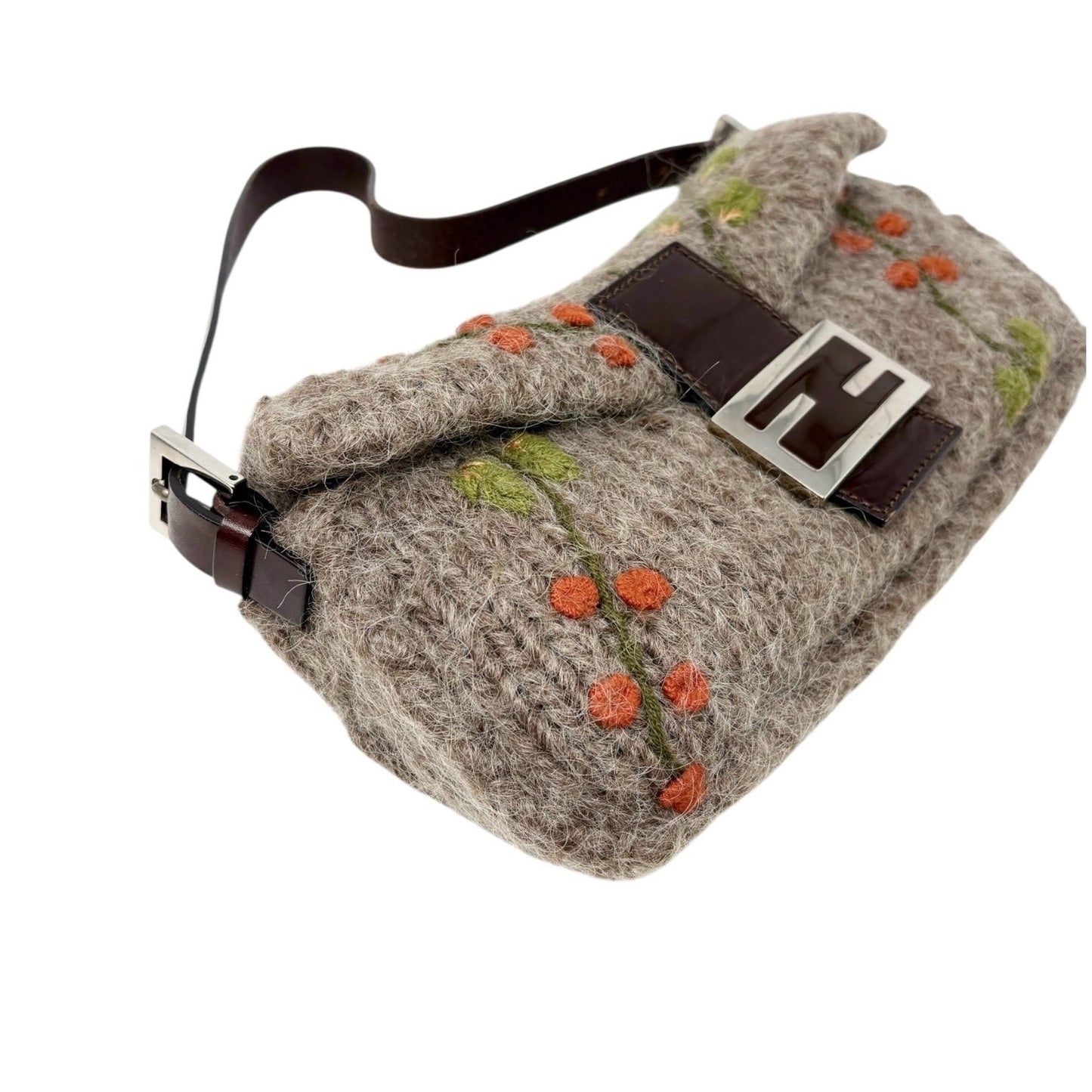 FENDI Vintage FF Mamma Baguette Wool Knit Shoulder Bag Gray Brown Flower