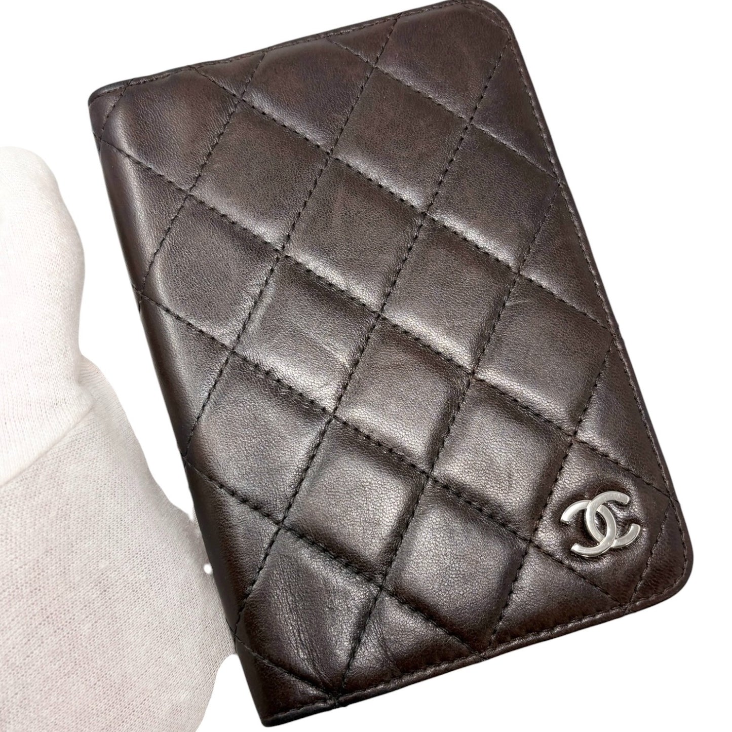CHANEL Vintage CC Logo Quilted Leather Notebook Cover Brown Silver 901811