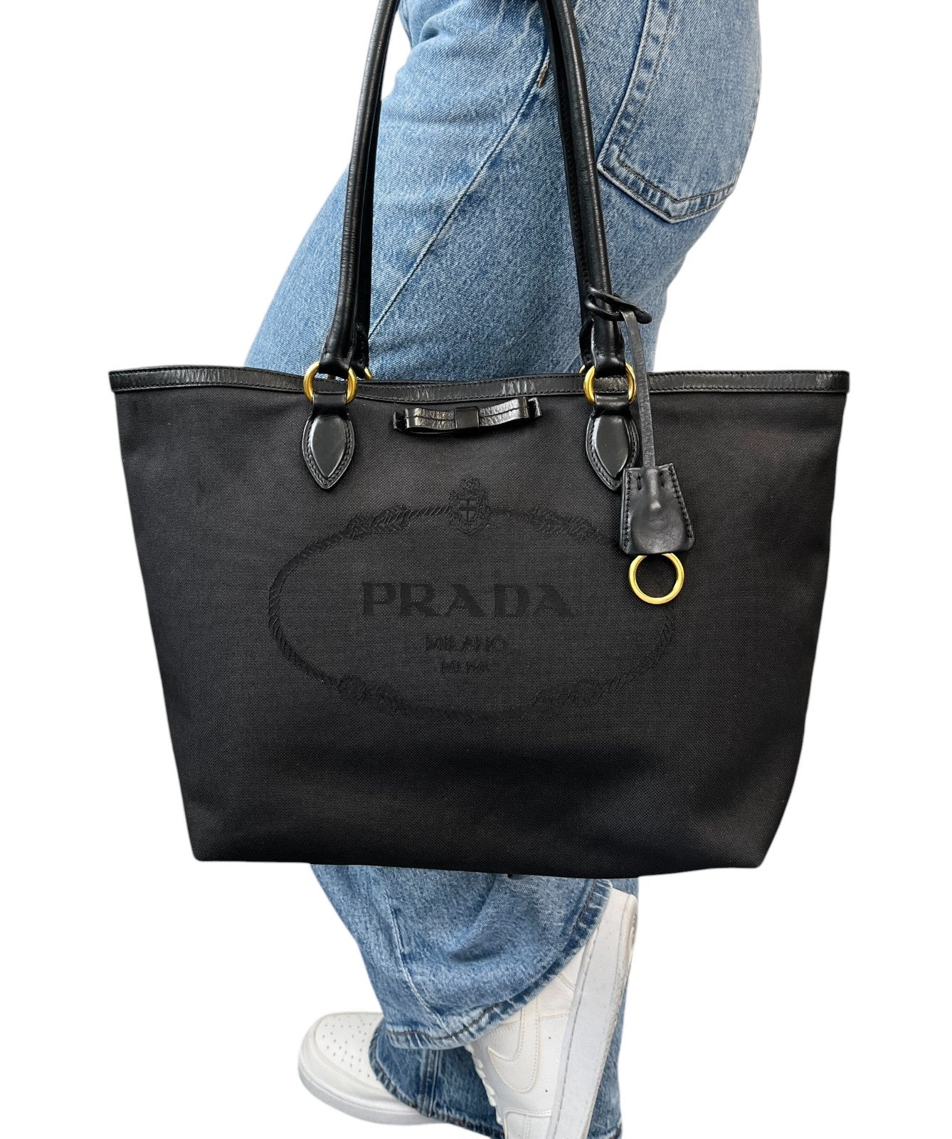 PRADA Vintage Milano Jacquard Logo Canvas Shoulder Tote Large Bag Black 902242