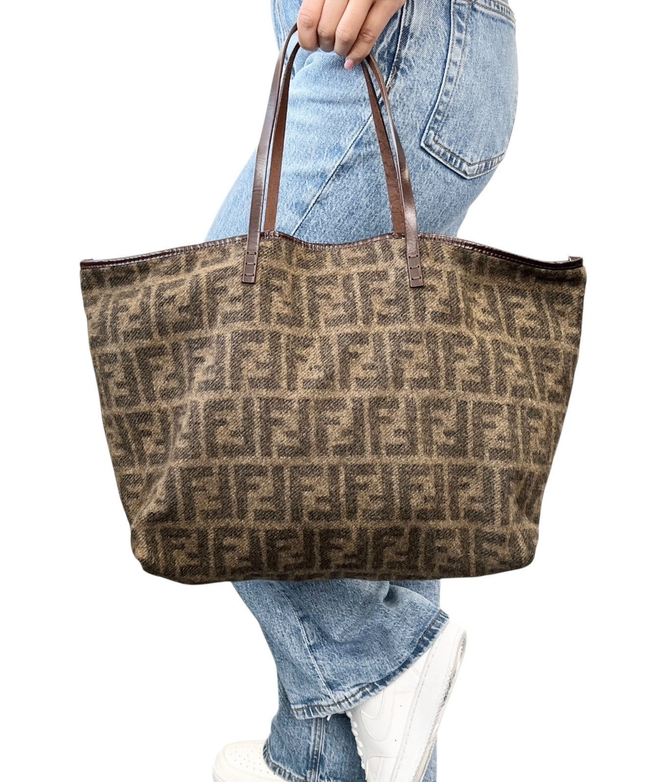 FENDI Vintage Zucca Monogram Knit Wool Tote Shoulder Bag Leather Pouch Brown
