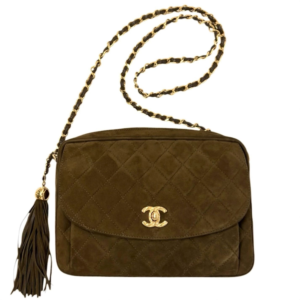 CHANEL Vintage CC Turnlock Quilted Chain Shoulder Bag Brown Gold Suede 902333