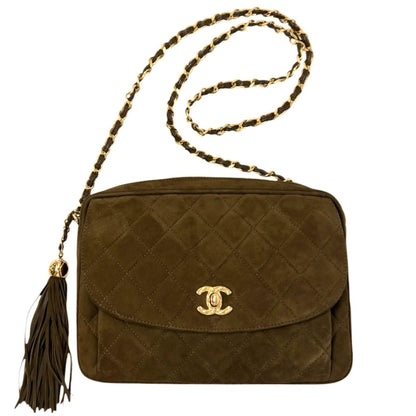 CHANEL Vintage CC Turnlock Quilted Chain Shoulder Bag Brown Gold Suede 902333