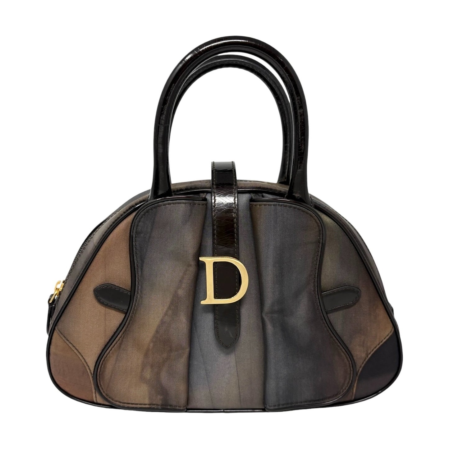 Christian Dior Vintage Double Saddle Bag Geometric Brown Nylon Patent 902265