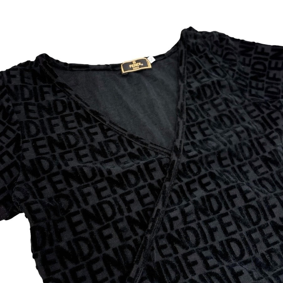 FENDI Vintage Logo Monogram Cropped Wrap Top #42 Black Terry Cloth Tie Cotton