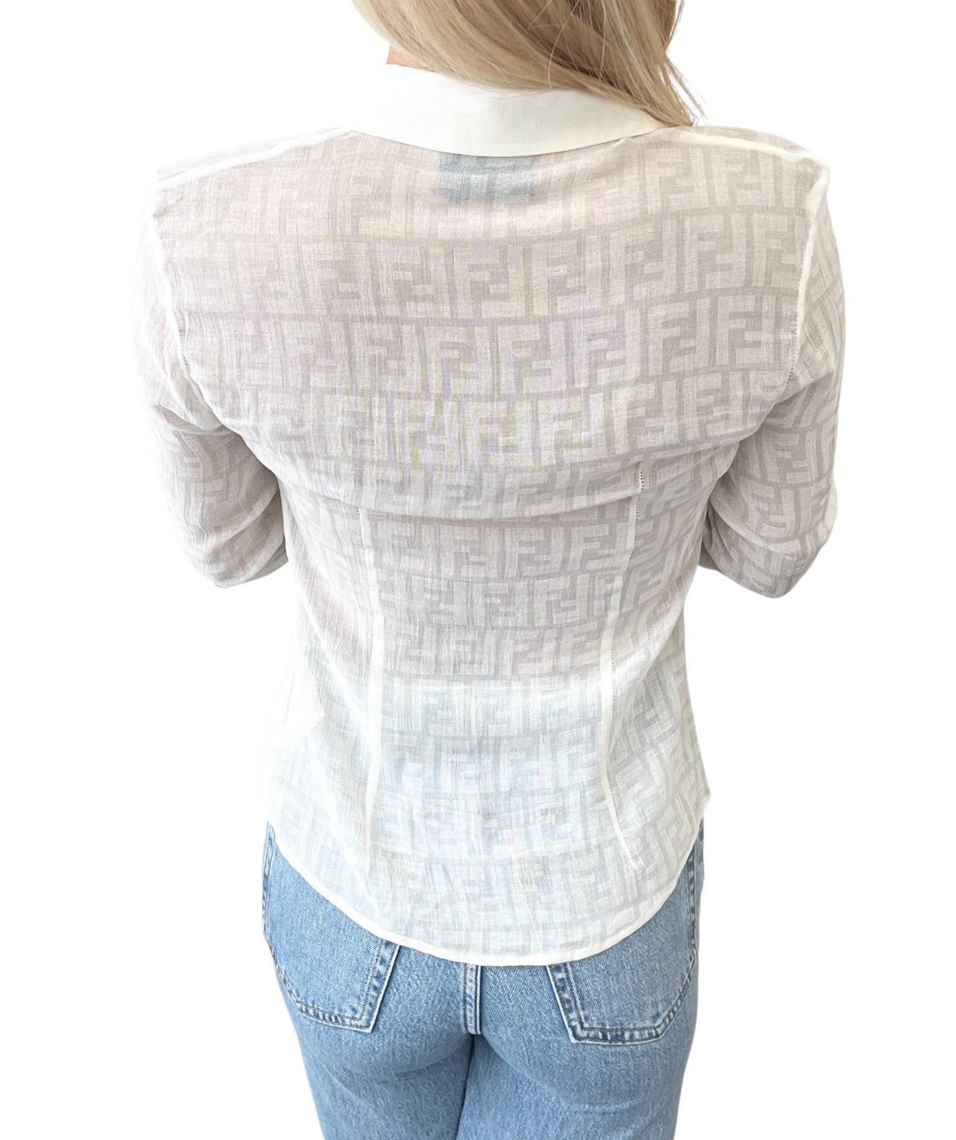 FENDI Vintage Zucca Monogram See-through Top Shirt Blouse #40 Beige White Cotton