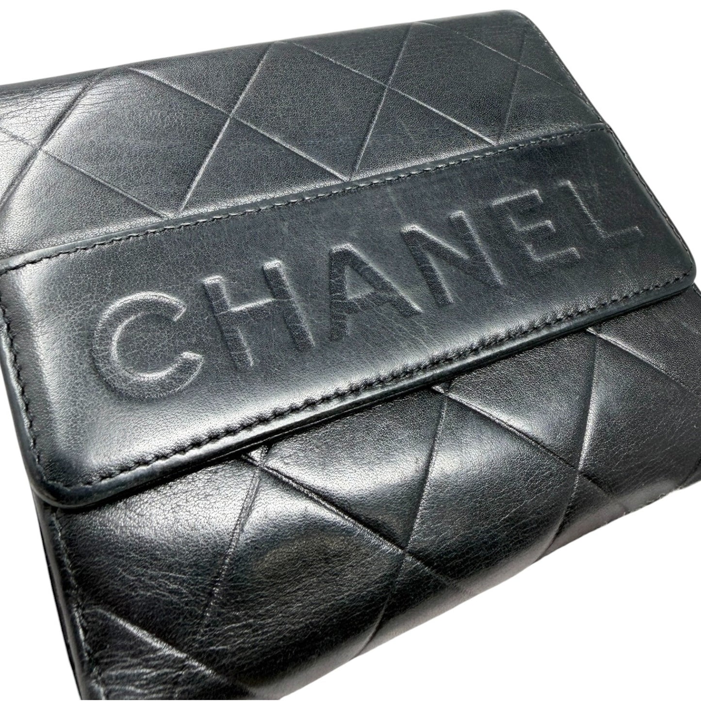 CHANEL Vintage Big Logo Quilted Wallet Leather Black Silver Purse 901816