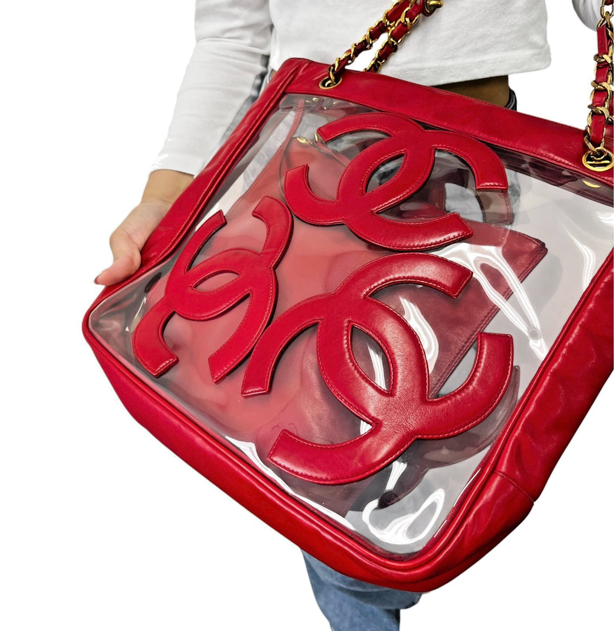 CHANEL Vintage Triple CC Logo Clear Tote Shoulder Bag Red Pouch 902320
