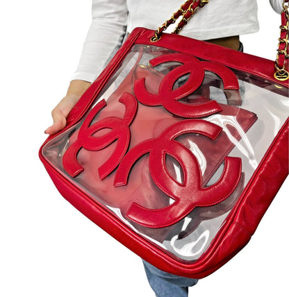CHANEL Vintage Triple CC Logo Clear Tote Shoulder Bag Red Pouch 902320