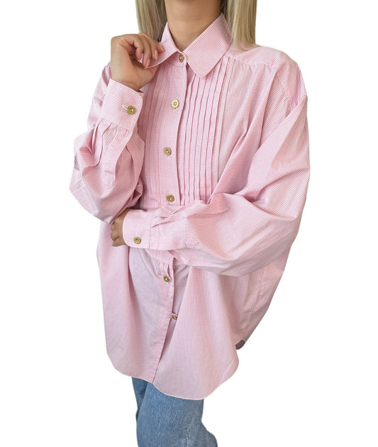 CHANEL Vintage CC Logo Gingham Check Button Up Shirt Top Pink  Cotton 901849