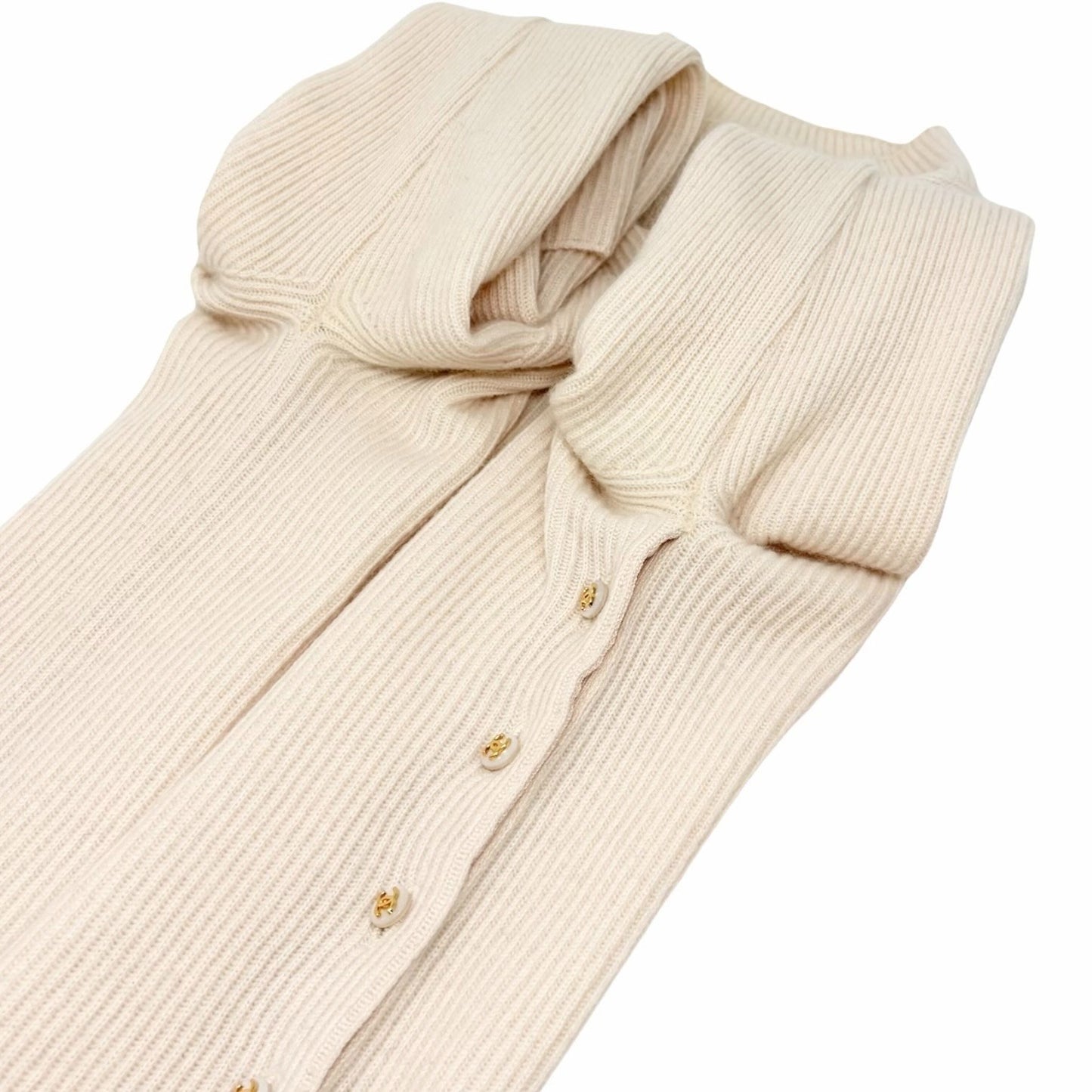 CHANEL Vintage CC Logo Button Rib Knit Cashmere Sweater Top #S Cream 106909