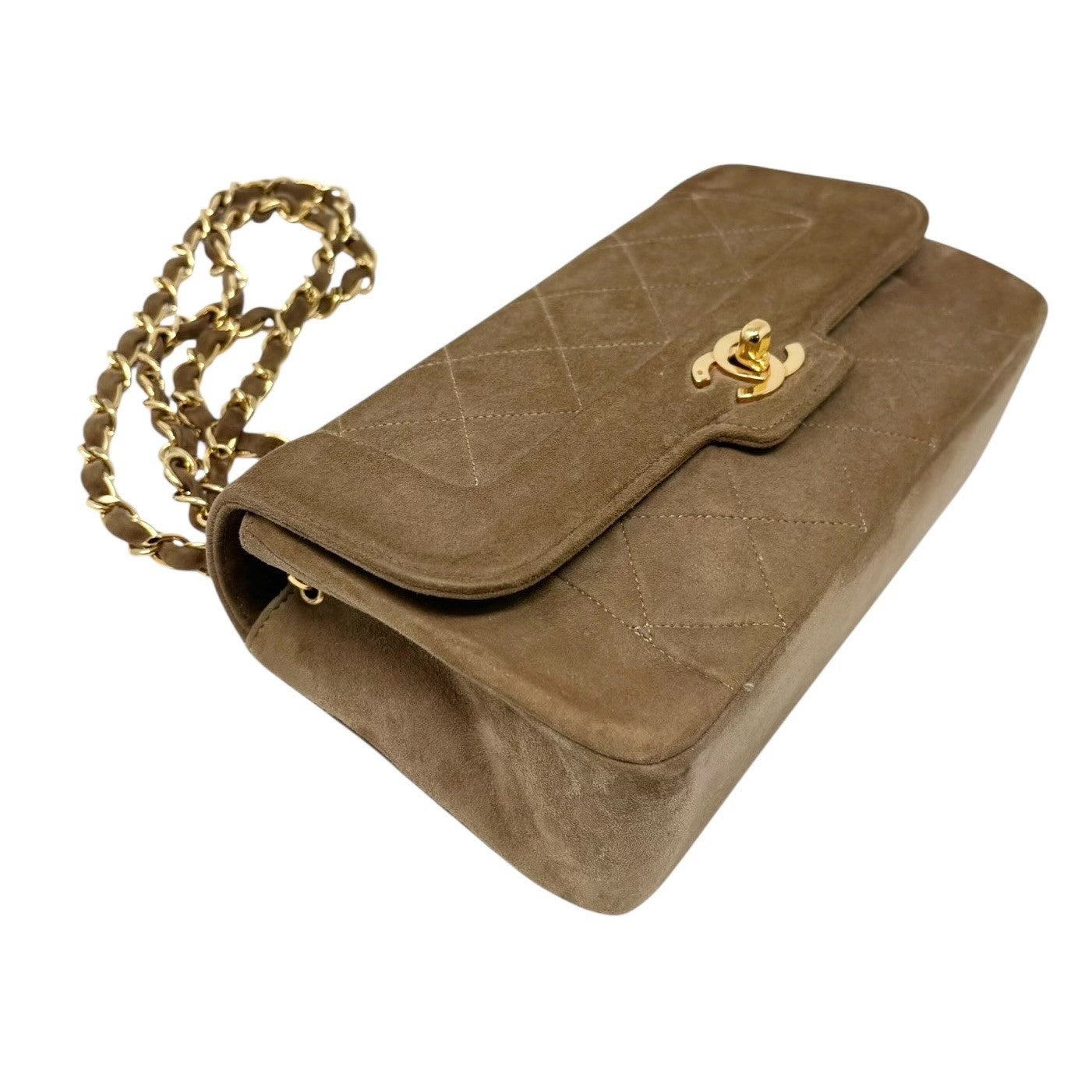 CHANEL Vintage CC Logo Turnlock Quilted Suede Flap Bag Brown Gold