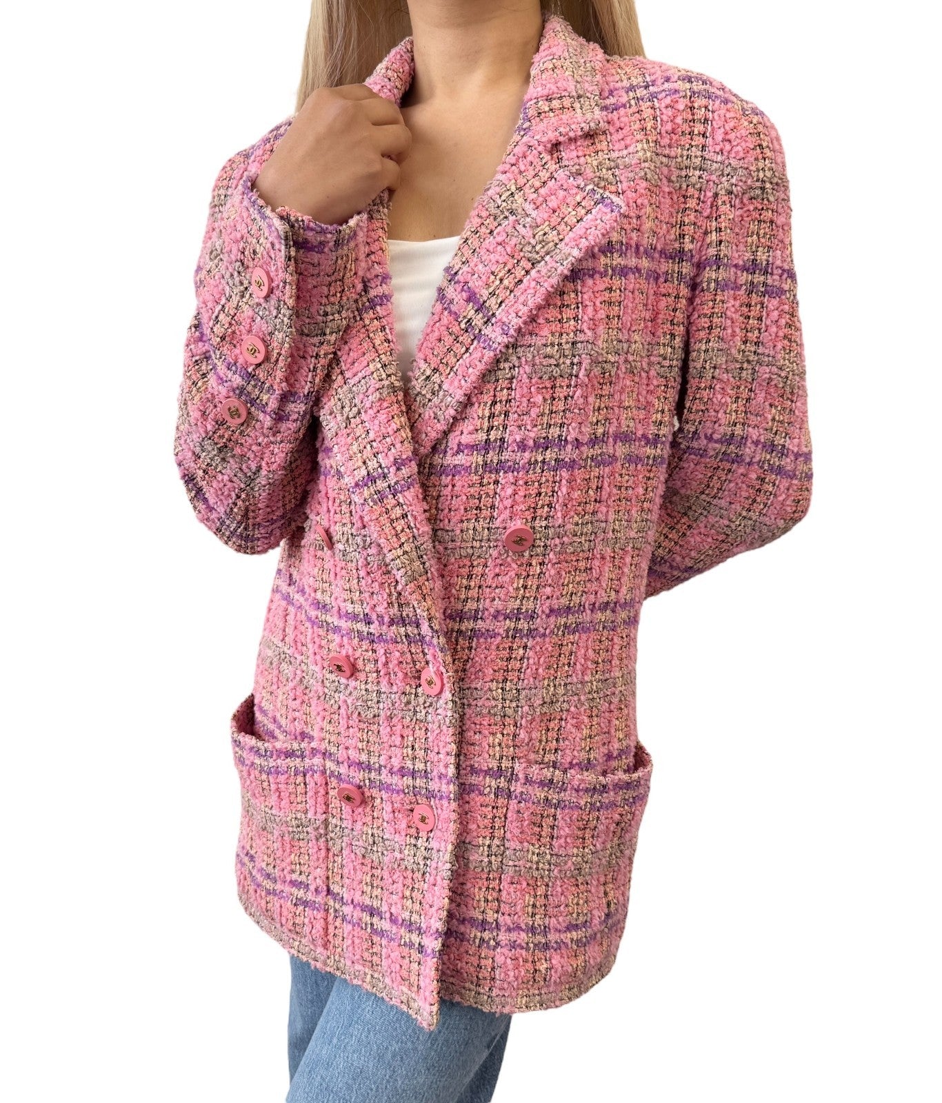 CHANEL Vintage 94A CC Logo Button Tweed Blazer Jacket Pink Multicolor Wool