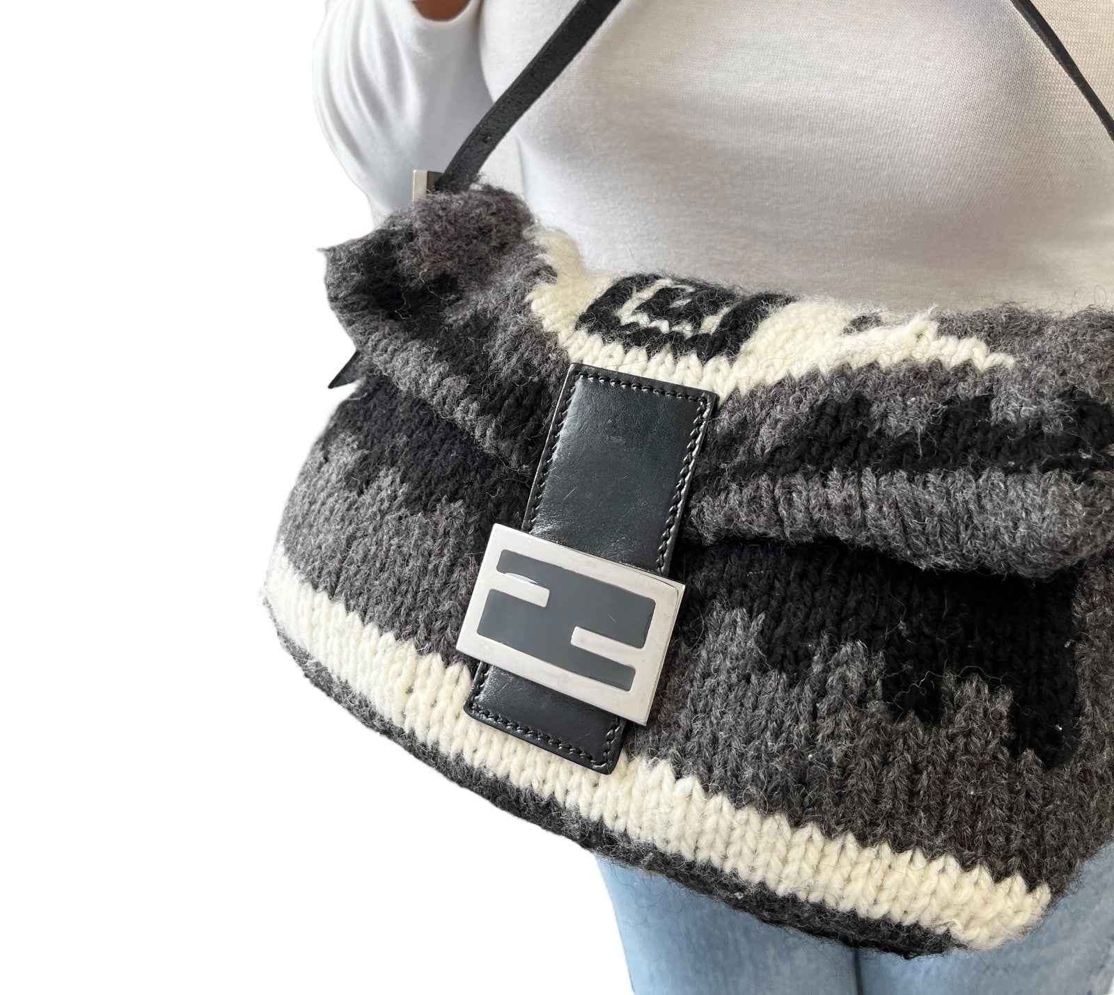 FENDI Vintage FF Logo Knit Mamma Baguette Shoulder Bag Black Gray Silver Wool