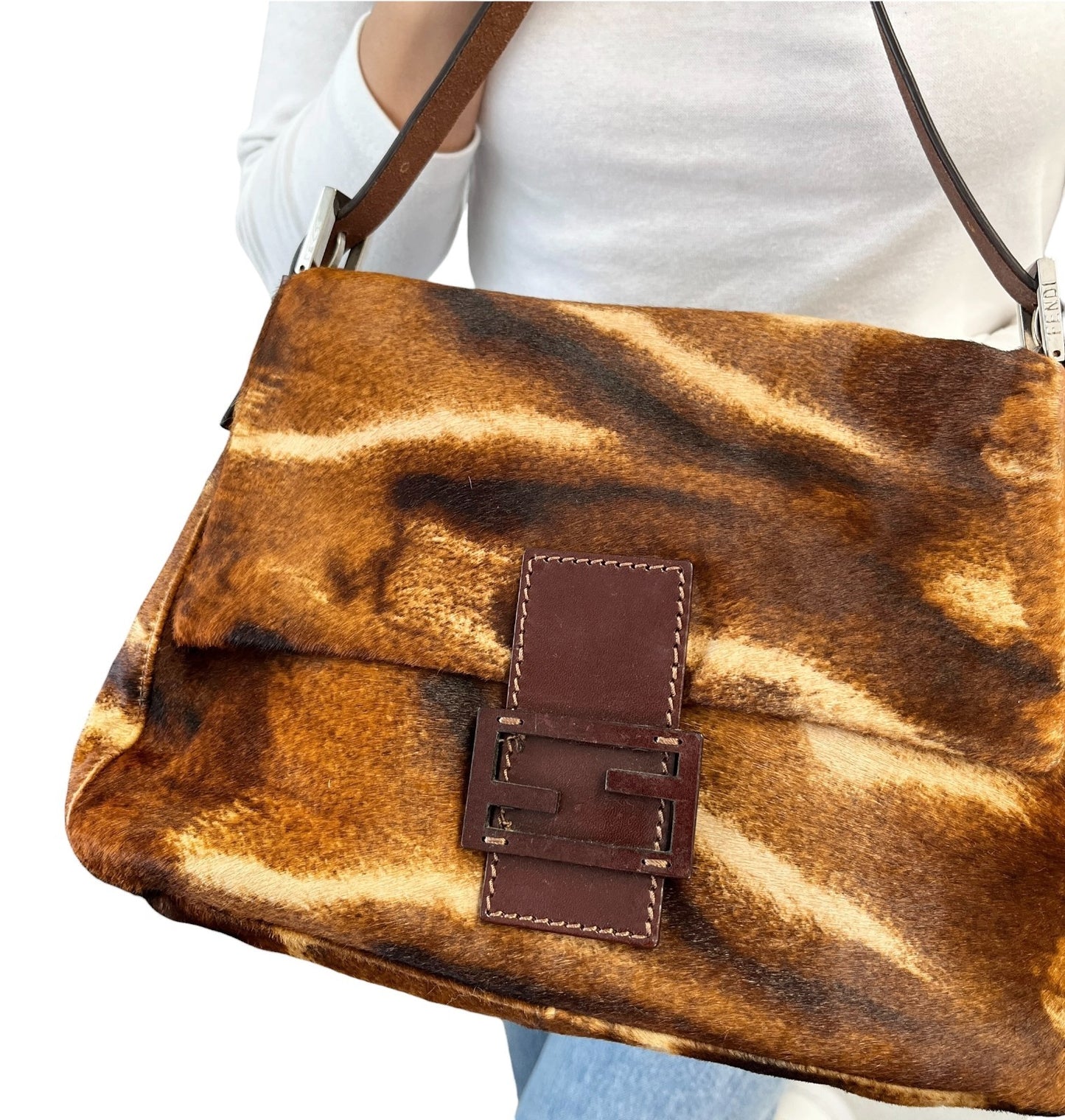 FENDI Vintage FF Logo Mamma Baguette Pony Calf Hair Shoulder Bag Brown Leather