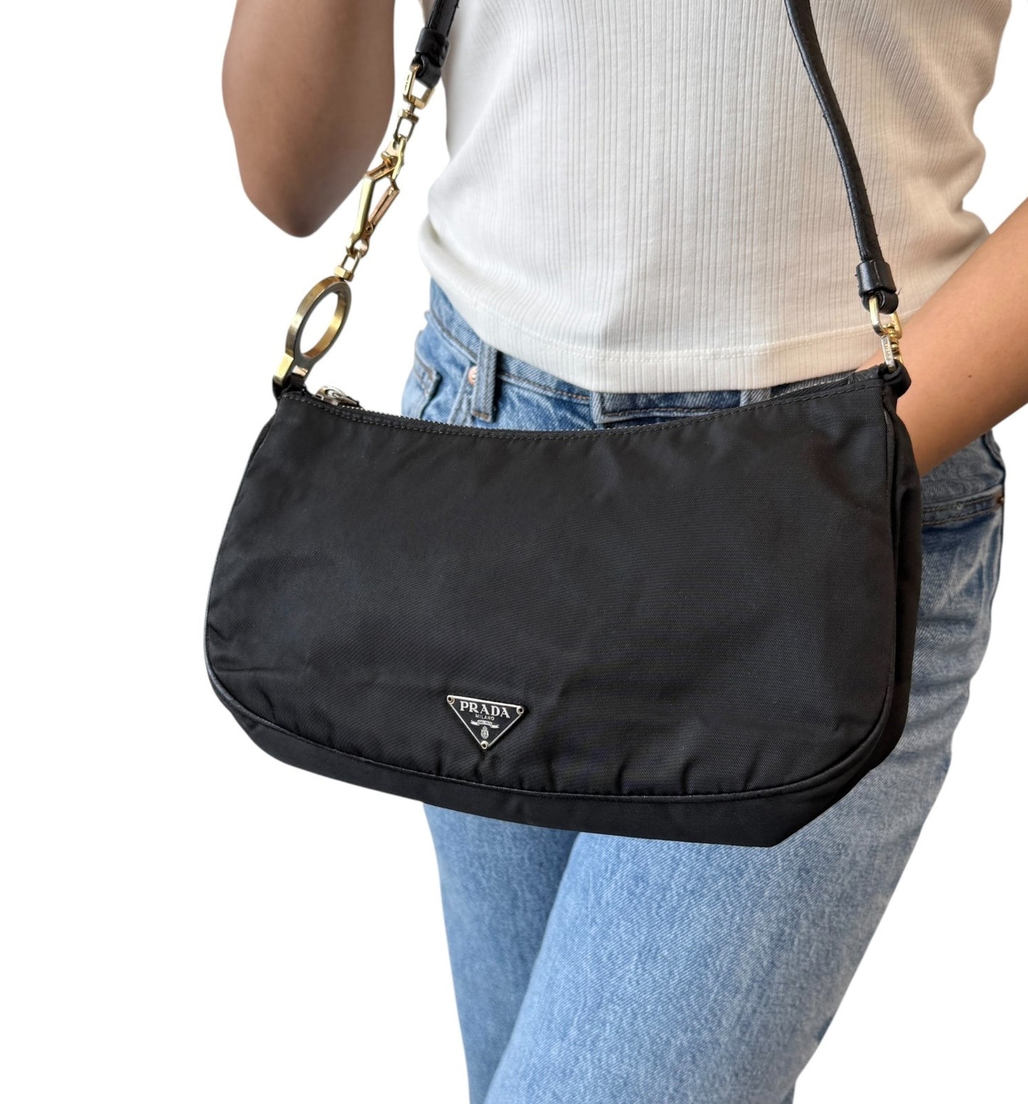 PRADA Vintage Mini Shoulder Nylon Bag Handbag Pochette Black Silver Logo 902252