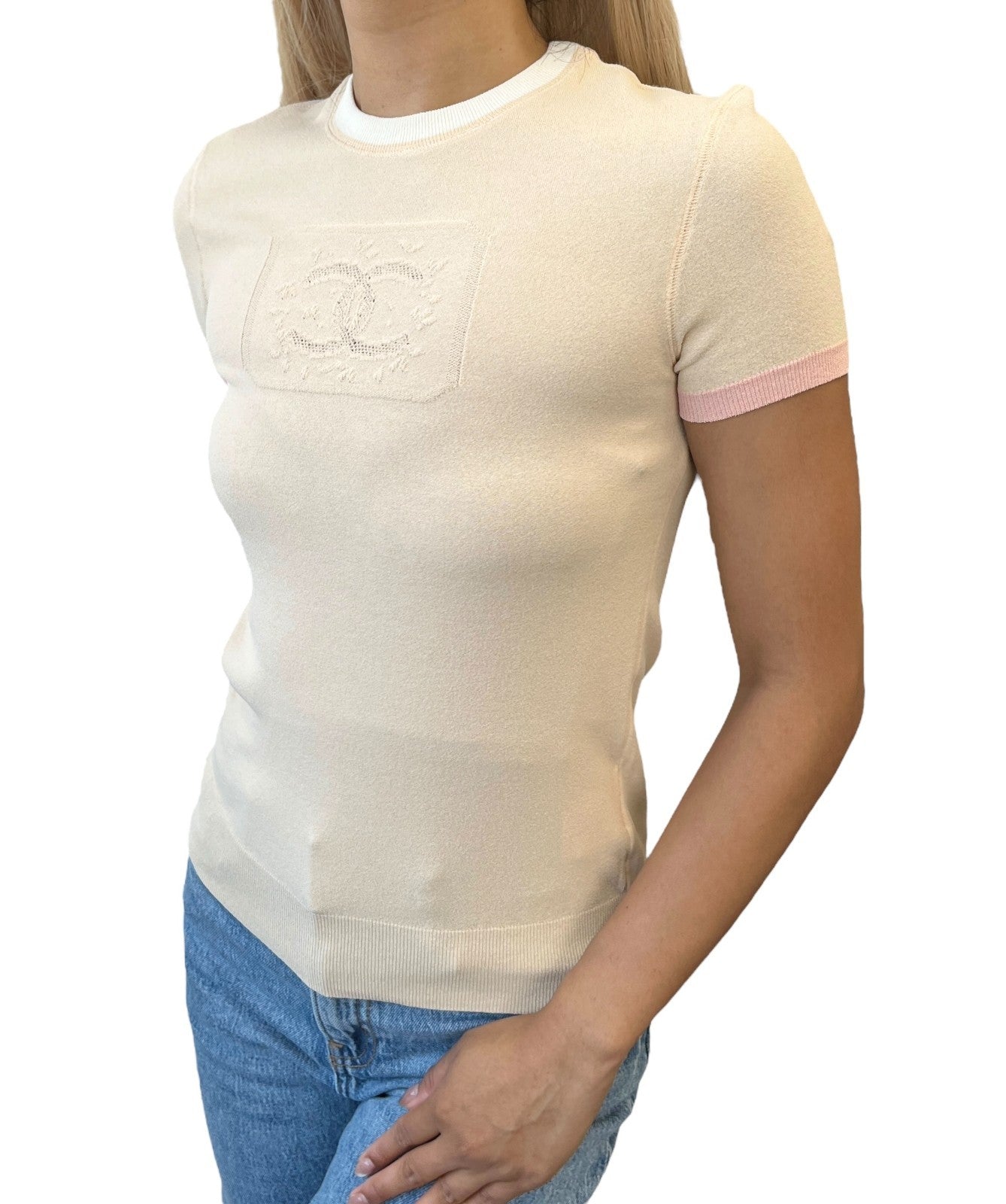 CHANEL Vintage 04C CC Mark Logo Bicolor T-shirt #38 Beige Pink White Rayon