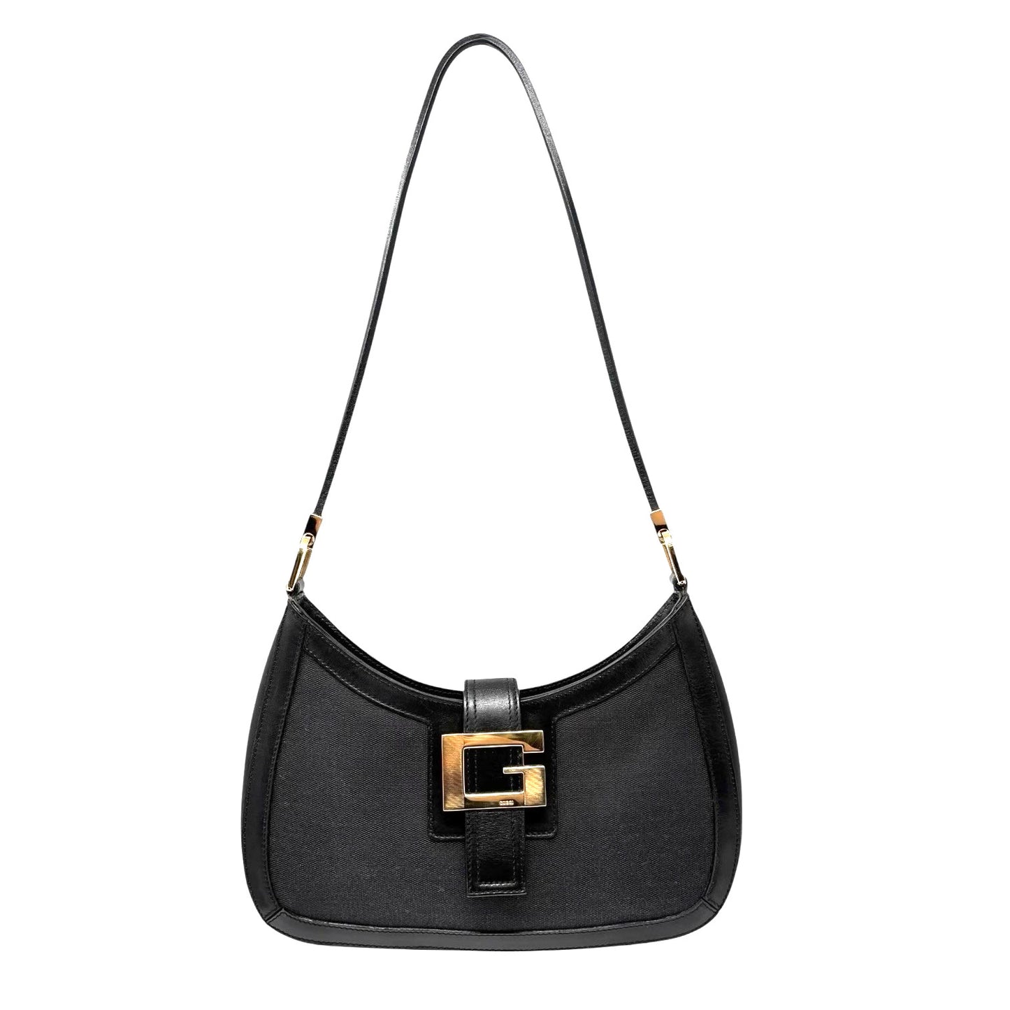 GUCCI Vintage G Buckle Logo Shoulder Bag Black Gold Leather Cotton Magnet