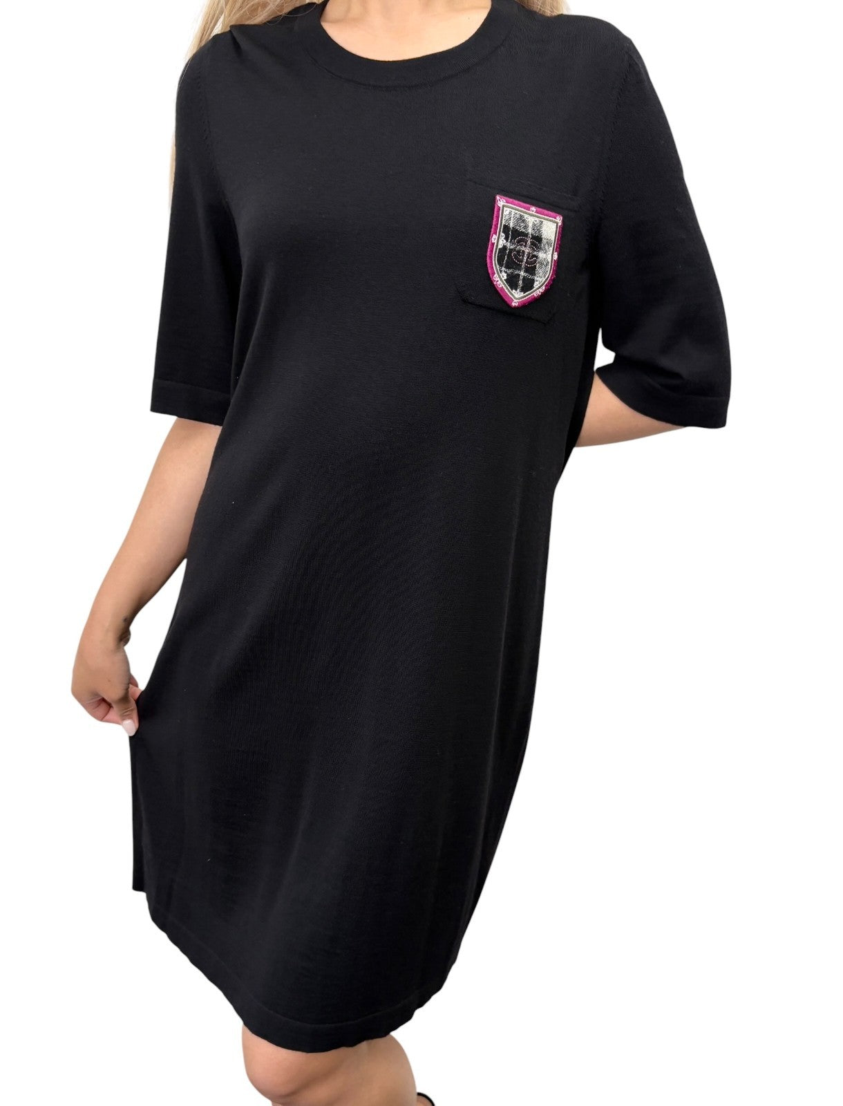 CHANEL Vintage P46568 CC Logo Patch T-shirt Dress #40 Black Purple 901866