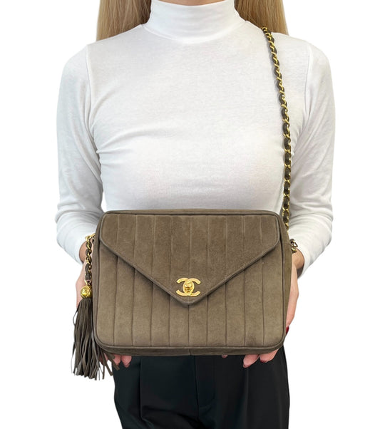 CHANEL Vintage CC Logo Quilted Fringe Chain Shoulder Bag Khaki Gold Suede