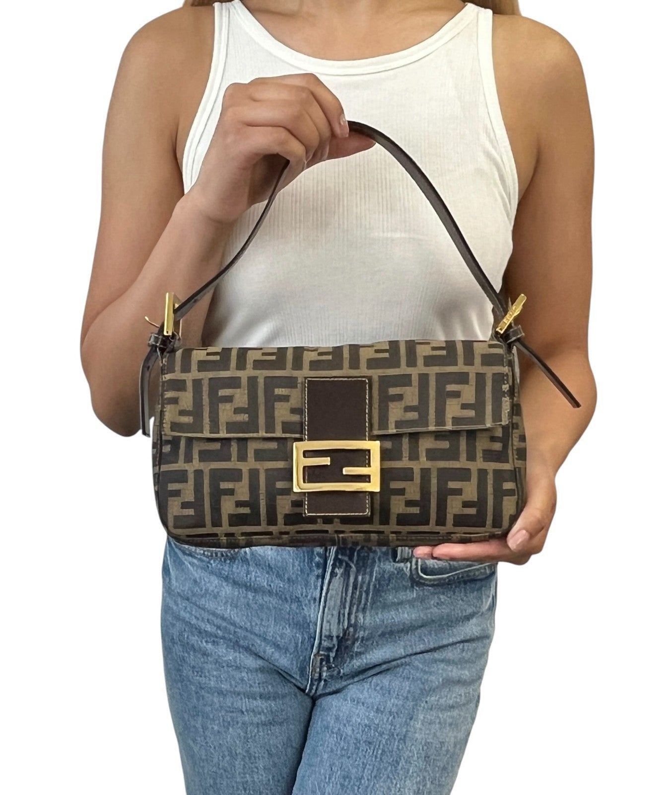 FENDI Vintage FF Logo Zucca Mamma Baguette Canvas Shoulder Bag Brown 901836