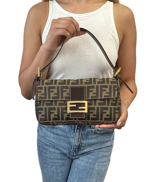 FENDI Vintage FF Logo Zucca Mamma Baguette Canvas Shoulder Bag Brown 901836