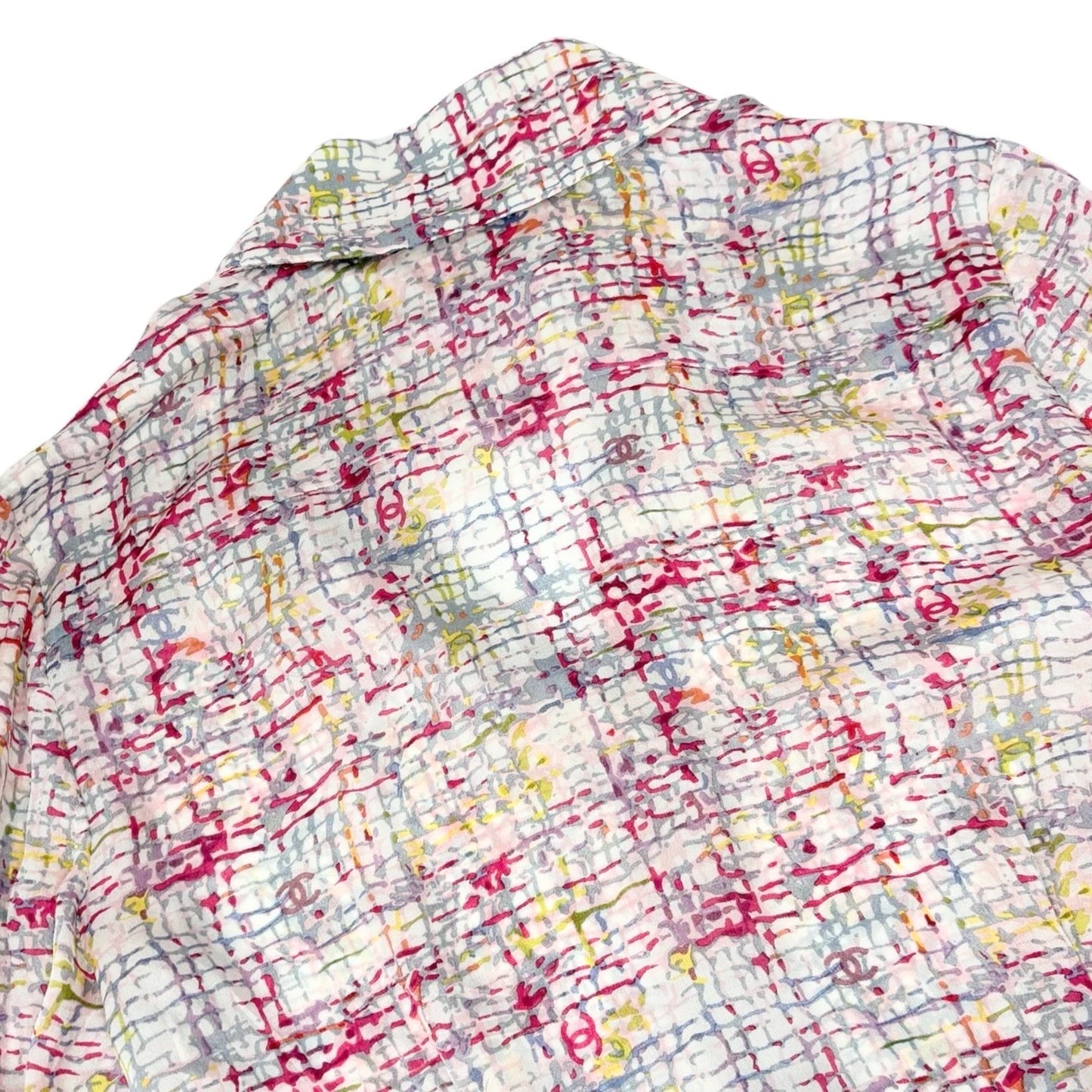 CHANEL Vintage 05C CC Tweed Print Shirt Blouse Top #34 Multicolor Silk 901994