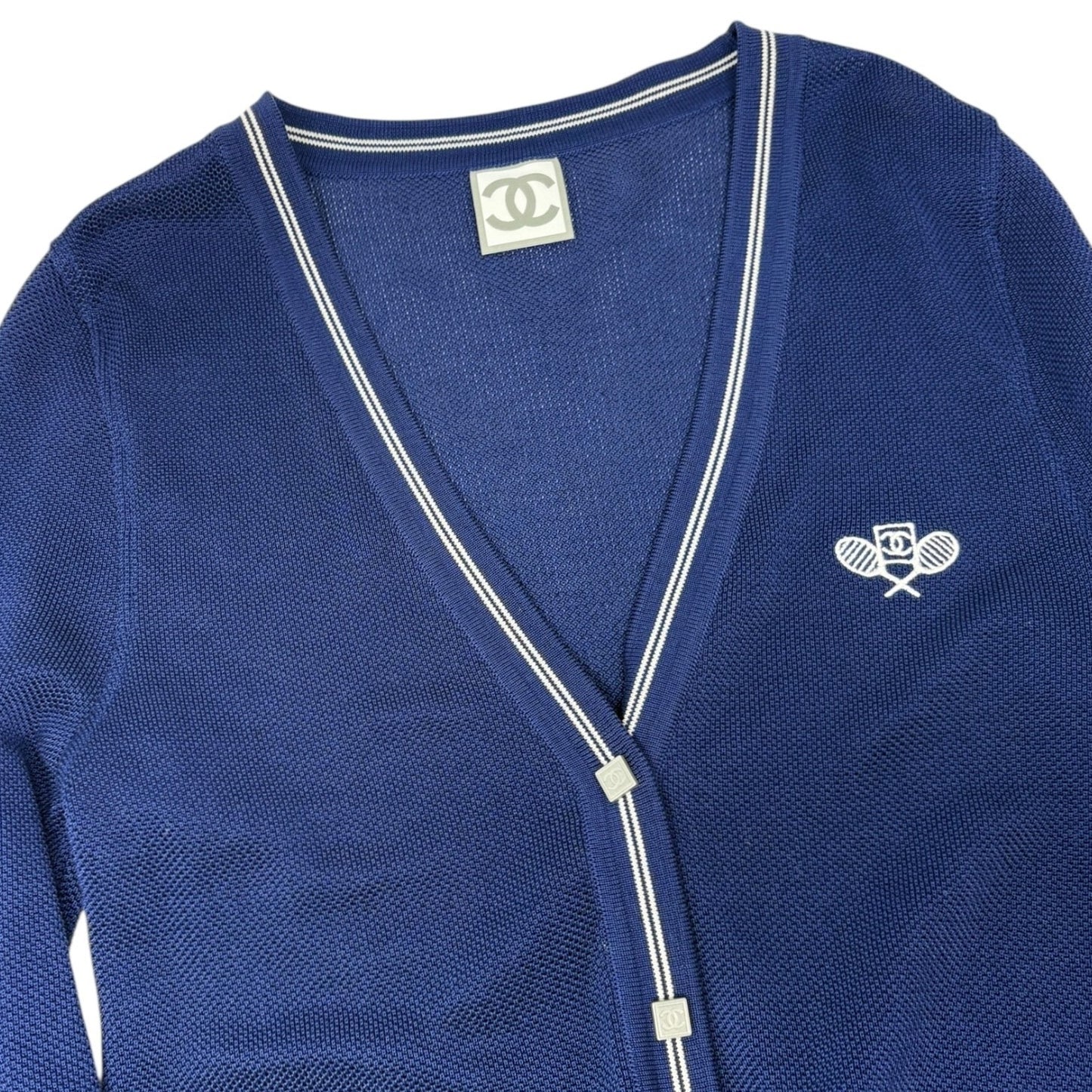 CHANEL Sport Vintage 06P CC Tennis Cardigan Knit Top #34 Blue Cotton Snap Button