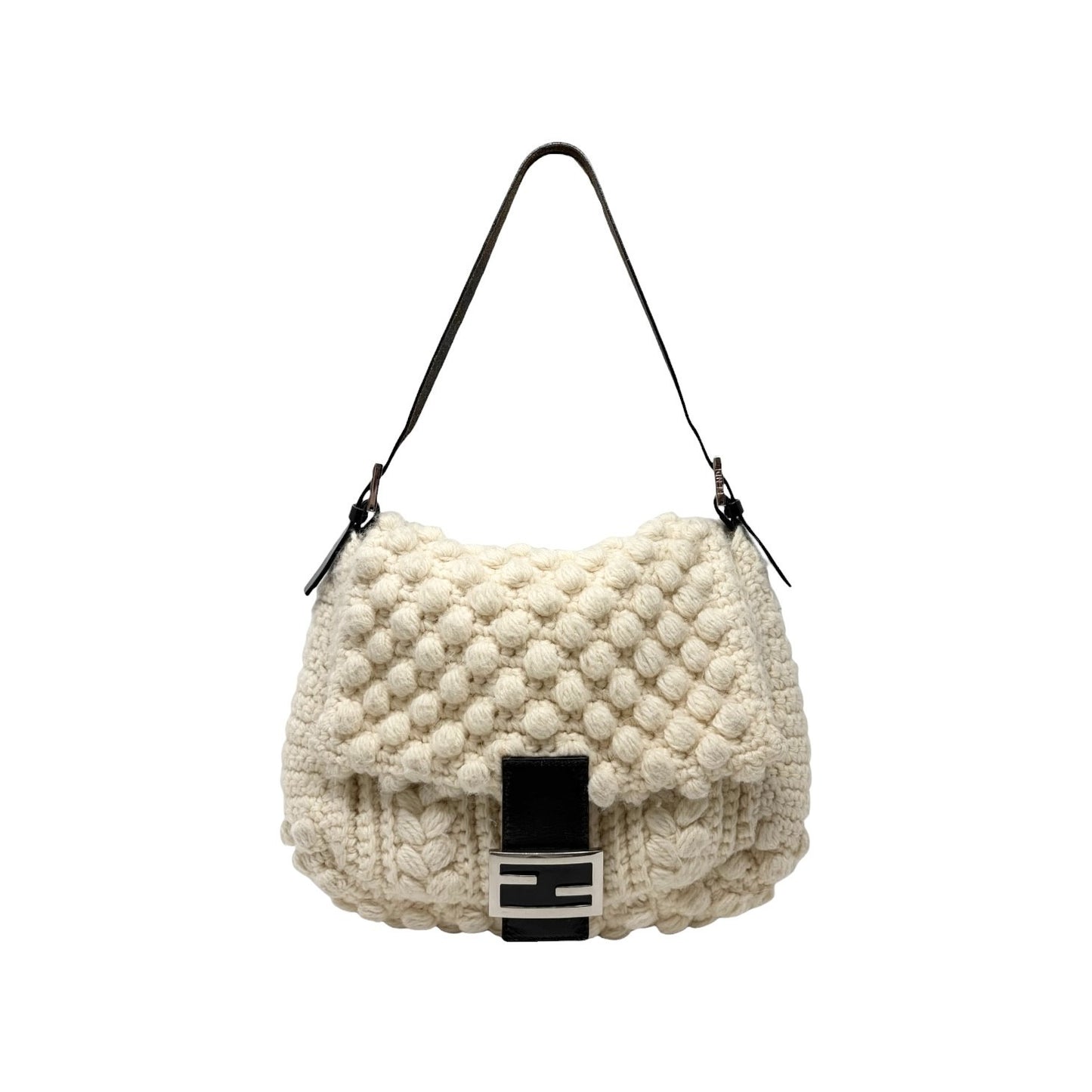 FENDI Vintage FF Logo Knit Mamma Baguette Shoulder Bag Wool Cream 902239