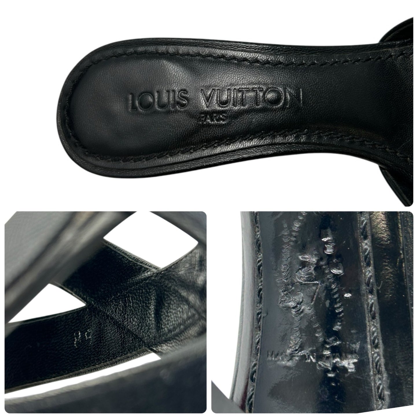 LOUIS VUITTON Vintage LV Monogram Satin Open Toe Sandals #37 Black Leather