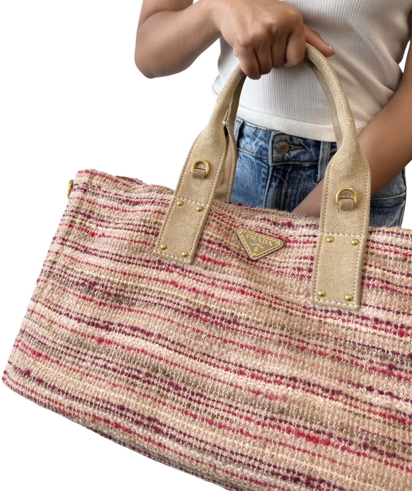 PRADA Vintage Logo Tweed 2way Tote Bag Crossbody Pink Cream Gold Wool Suede