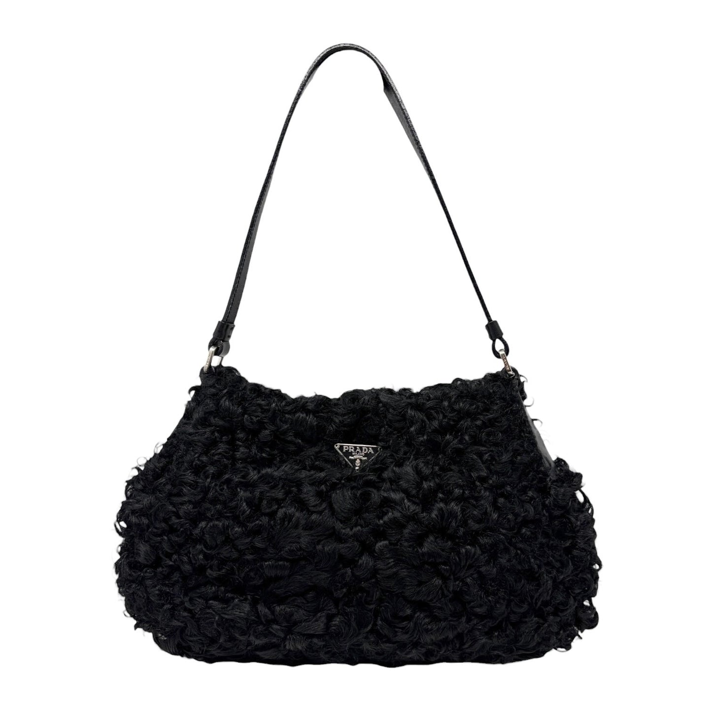 PRADA Vintage Triangle Logo Plate Curly  Mini Shoulder Bag Black Silver