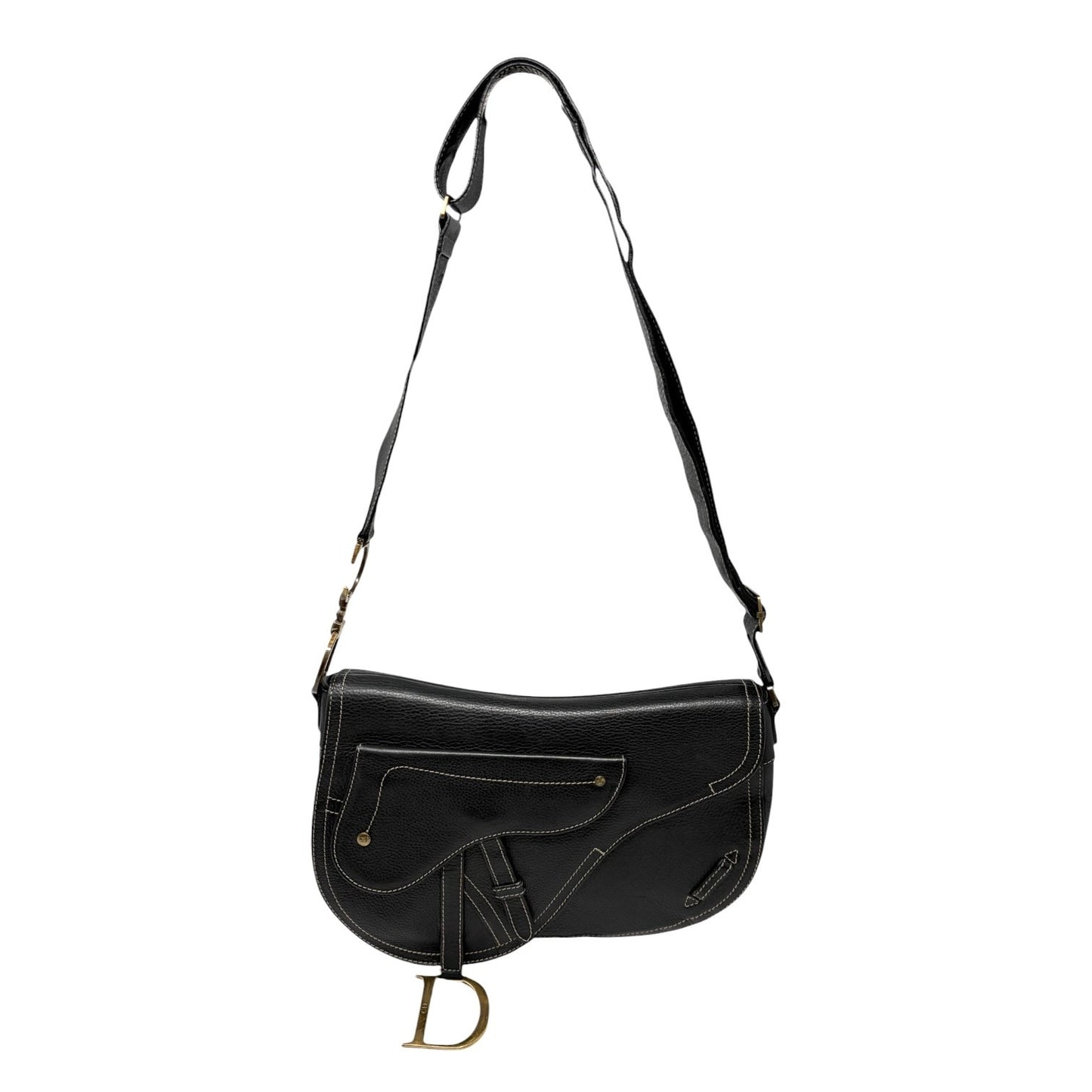 Christian Dior Vintage 2002 Double Saddle Leather Shoulder Bag Black Stitch