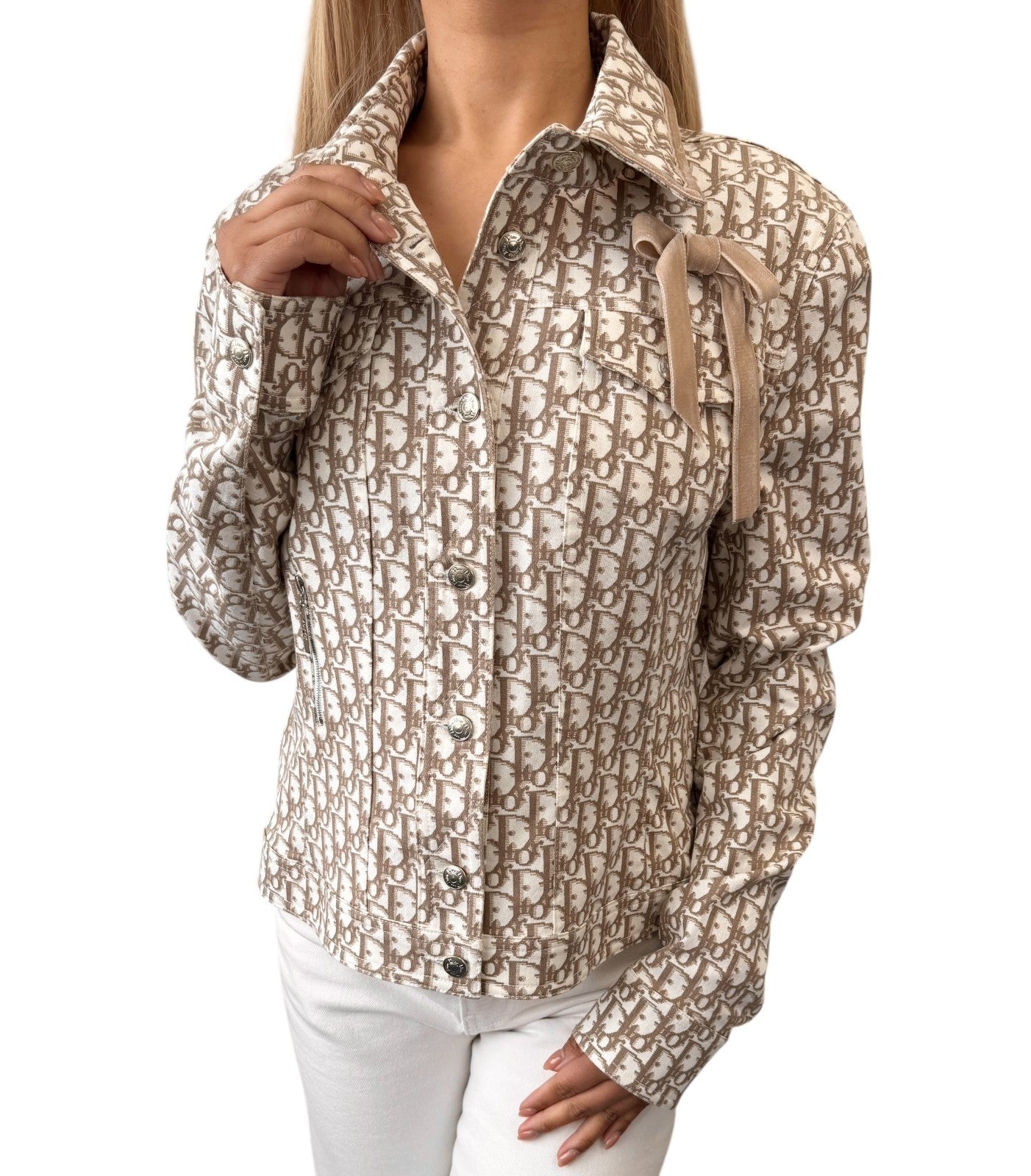 Christian Dior Vintage Trotter Monogram Jacket #42 Beige Cotton Velour Ribbon