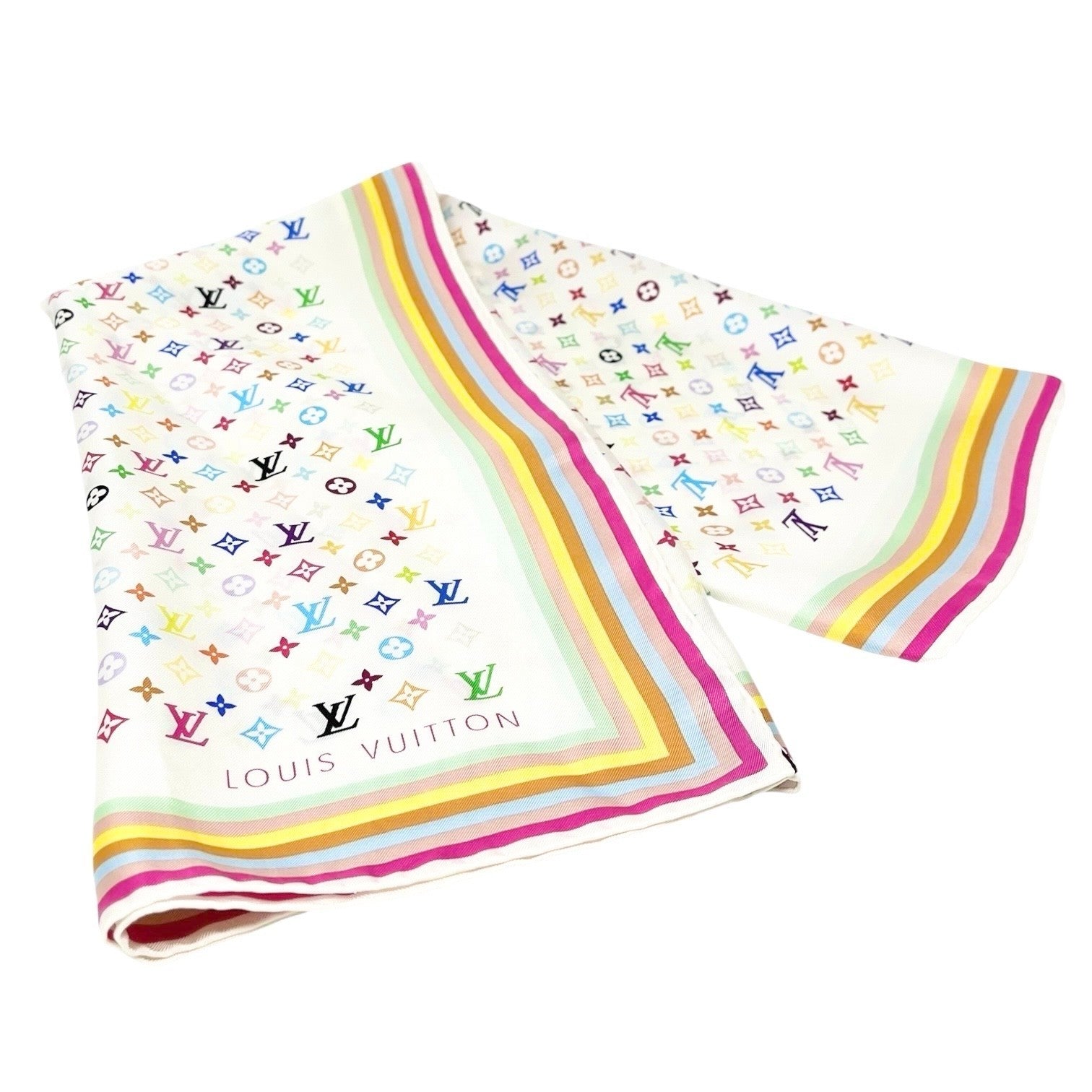 LOUIS VUITTON Vintage LV Monogram Multicolor Scarf Wrap Top White Silk