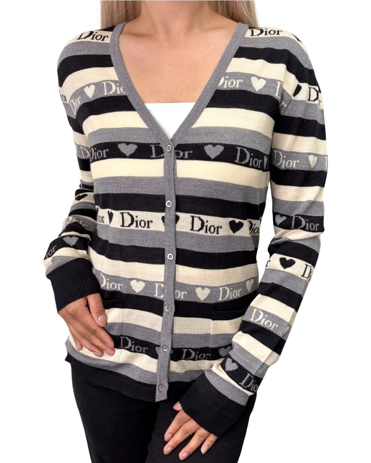 Christian Dior Vintage 2005 Stripe Heart Cardigan Top #40 Gray Ivory 902838