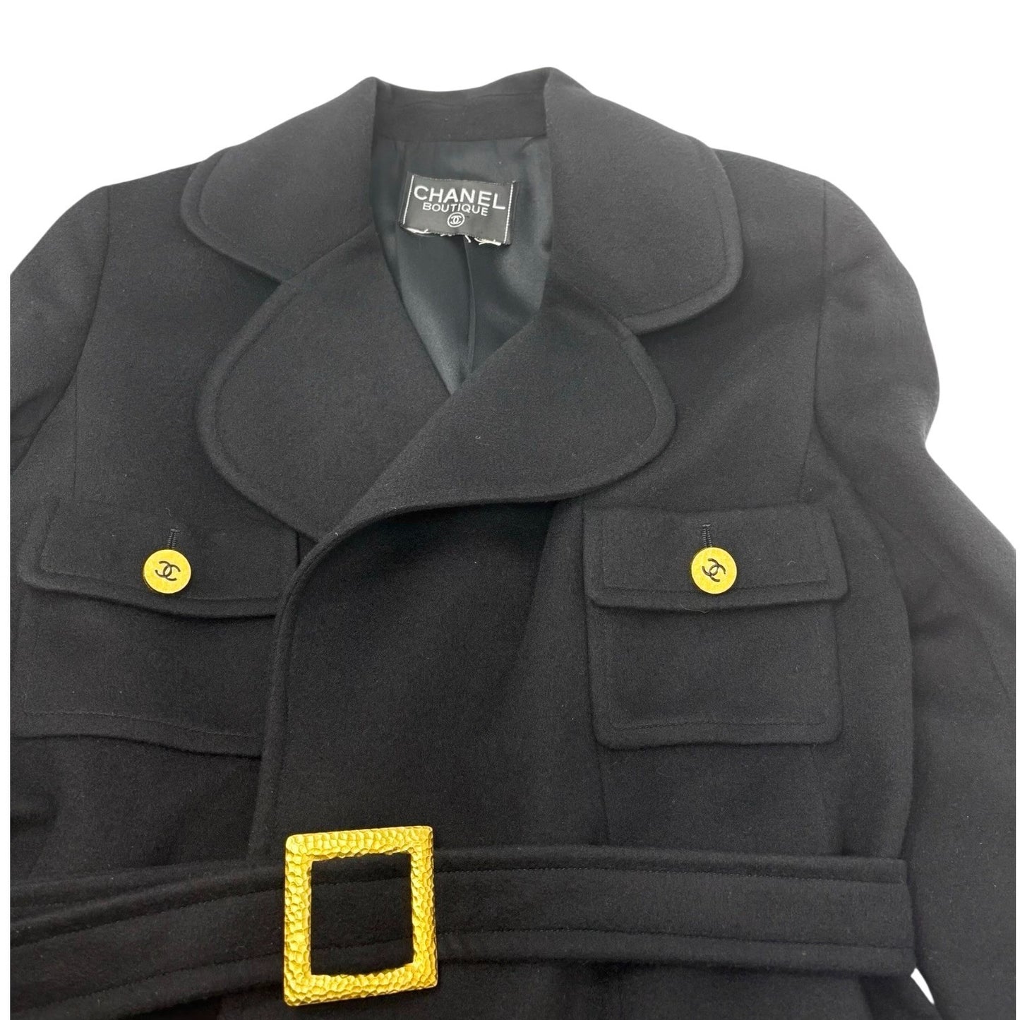 CHANEL Vintage CC Logo Button Cashmere Coat Jacket Belt Black Gold