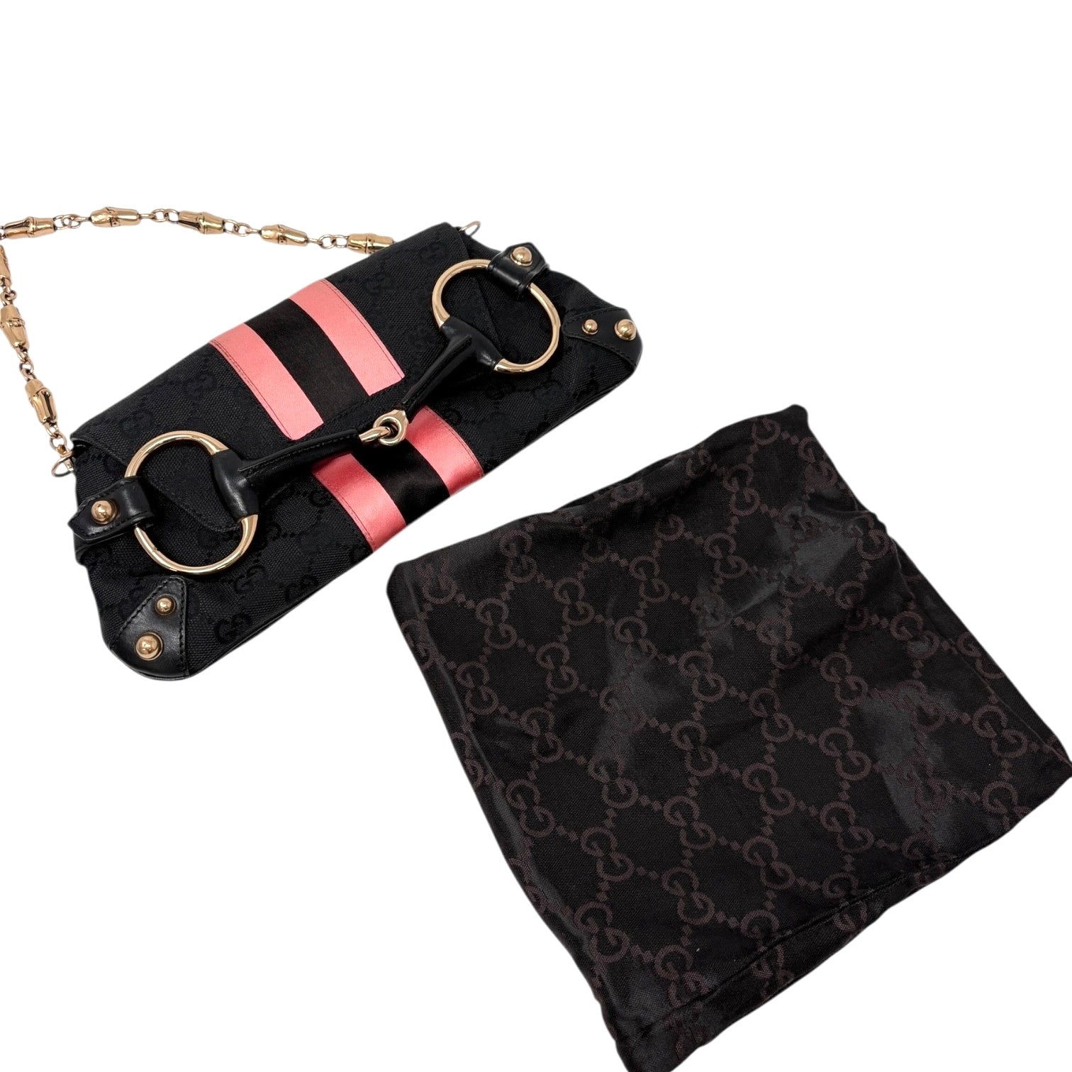GUCCI Vintage GG Logo Monogram Horsebit Shoulder Clutch Bag Chain Black Pink