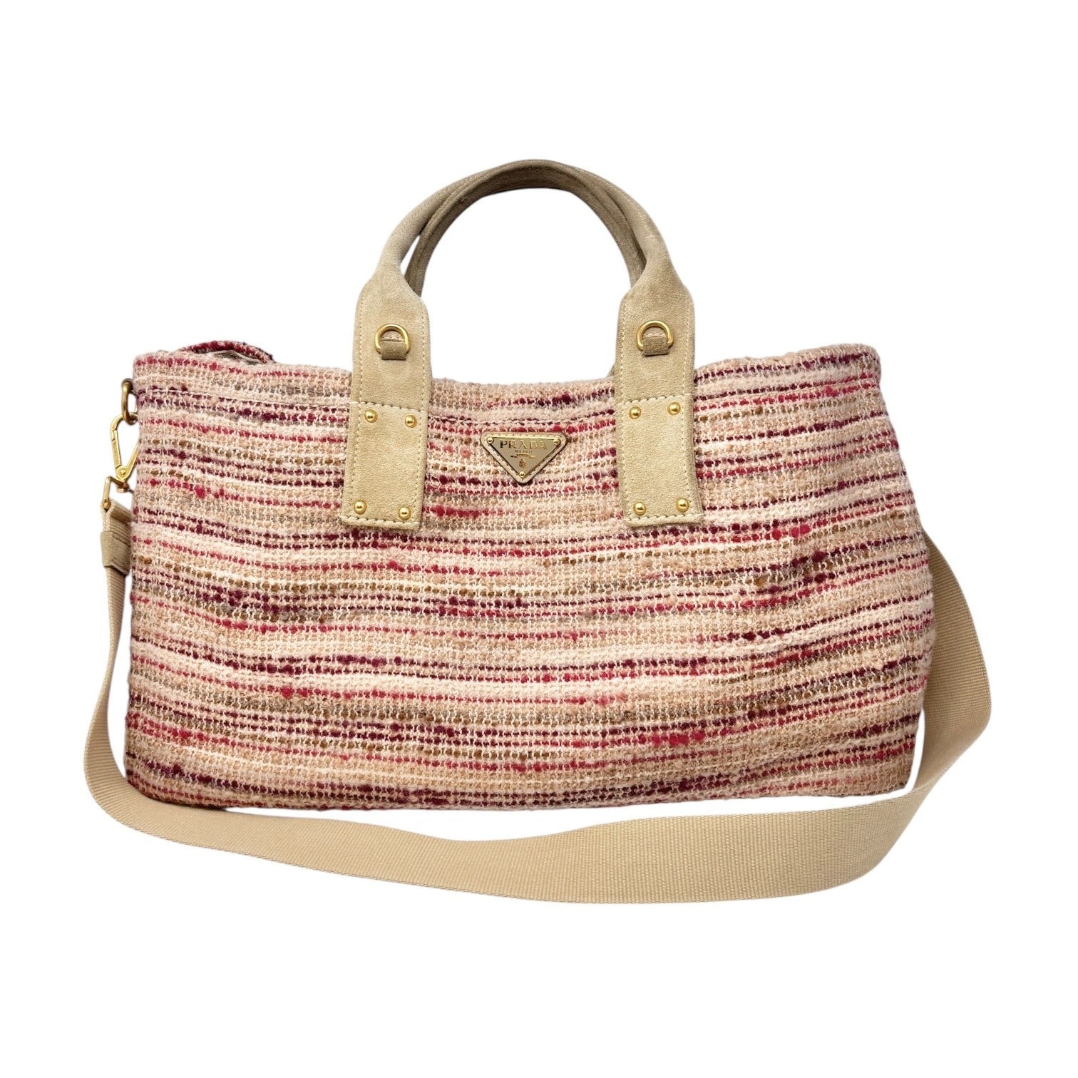 PRADA Vintage Logo Tweed 2way Tote Bag Crossbody Pink Cream Gold Wool Suede