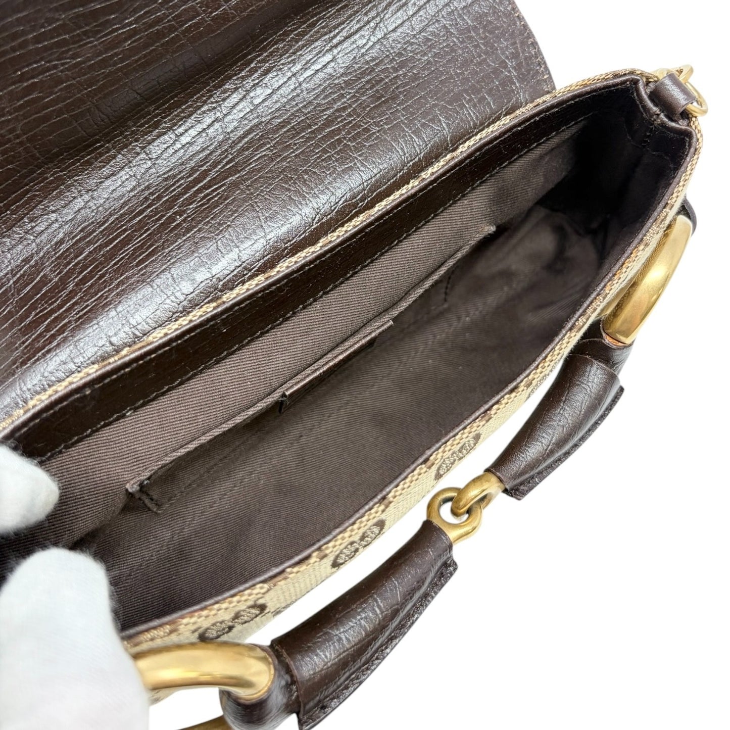 GUCCI Vintage GG Monogram Logo Horsebit Shoulder Bag Brown Gold Canvas 902099
