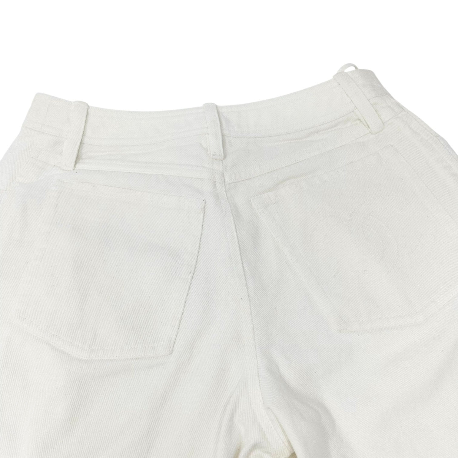 CHANEL Vintage 97C CC Logo Denim Pants #38 White Silver Cotton Stitch Pocket
