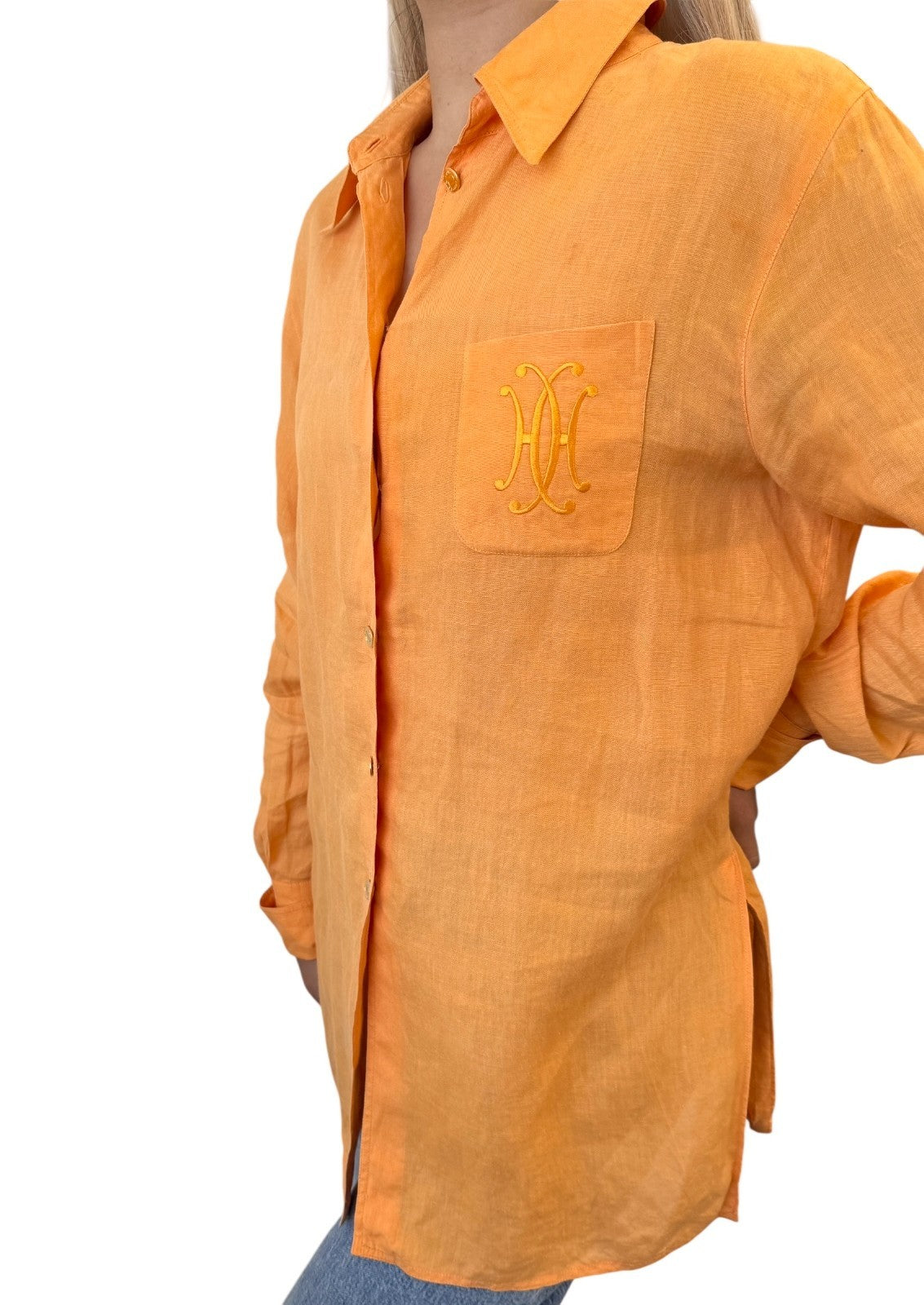 HERMES Vintage Logo Clou de Selle Button Up Shirt Top #36 Orange Gold Linen