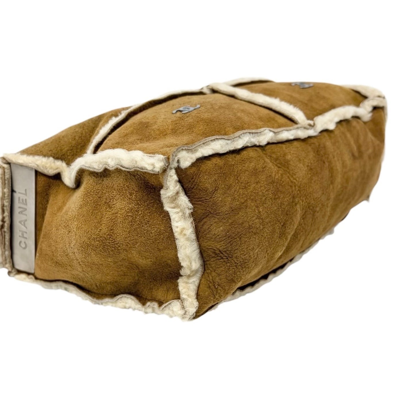 CHANEL Vintage CC Logo Shearling Crossbody Bag Brown Cream Mouton Suede Boa