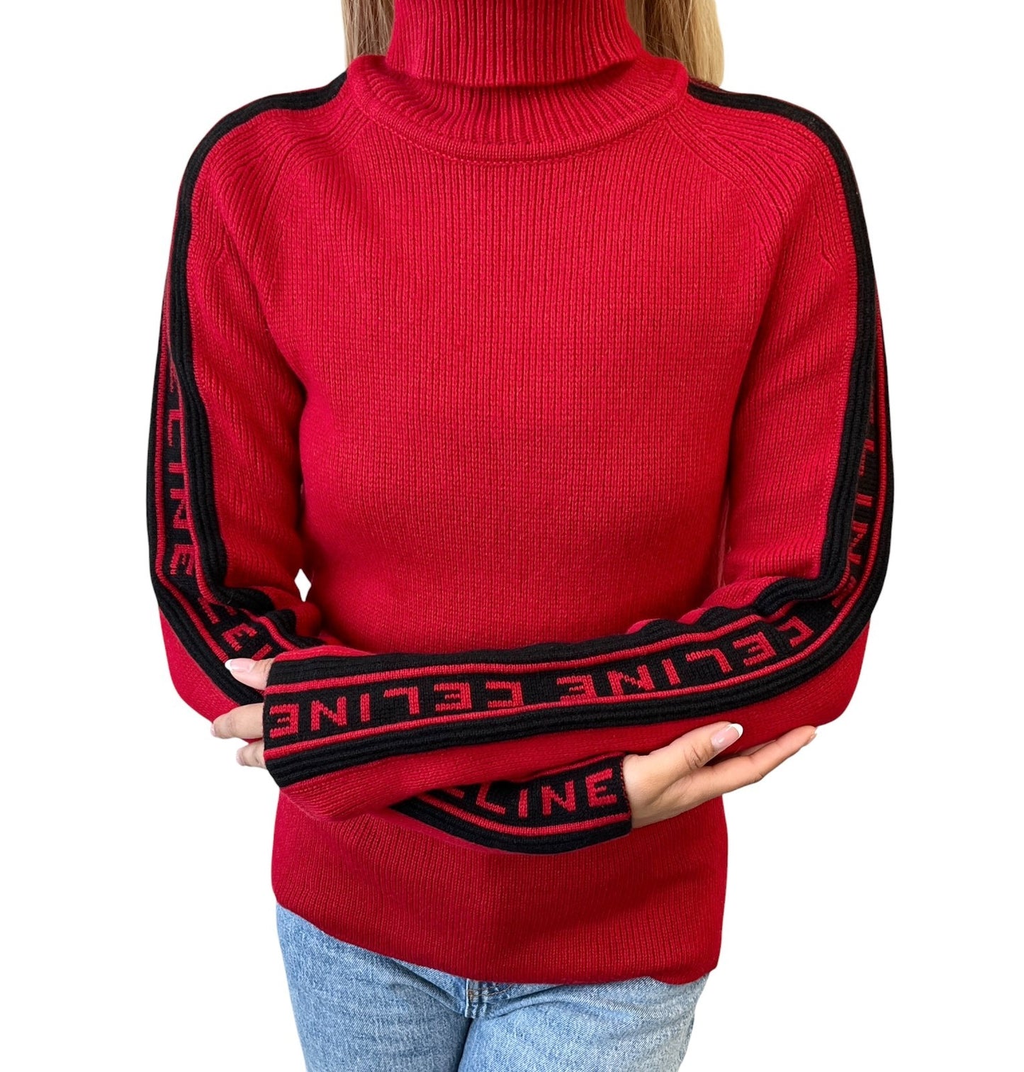 CELINE Vintage Logo Turtleneck Cashmere Knit Sweater Top #S Red 902216