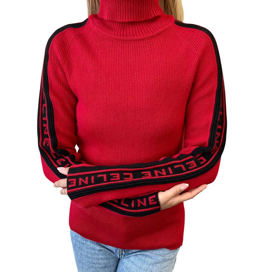 CELINE Vintage Logo Turtleneck Cashmere Knit Sweater Top #S Red 902216