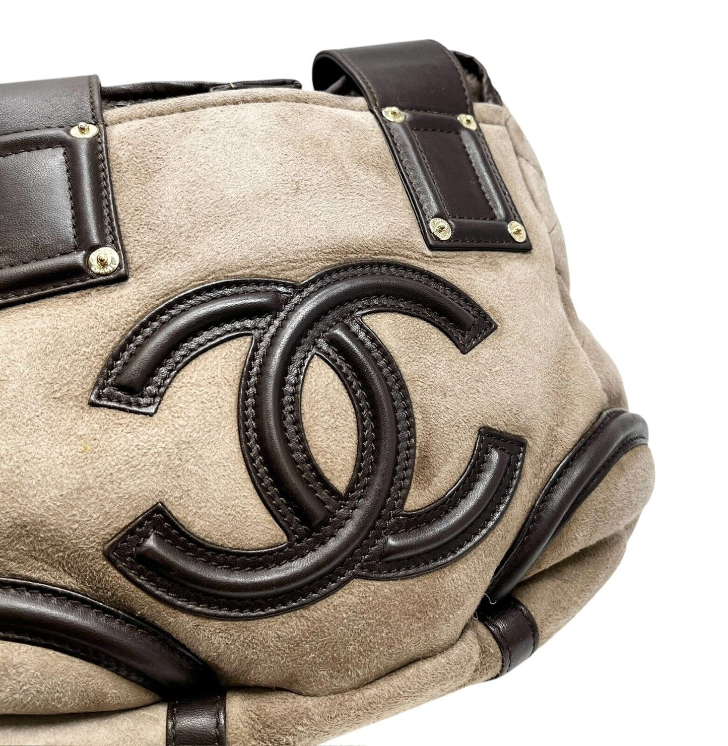 CHANEL Vintage CC Logo Tote Bag Matelasse Snap Button Brown Gold Suede Leather
