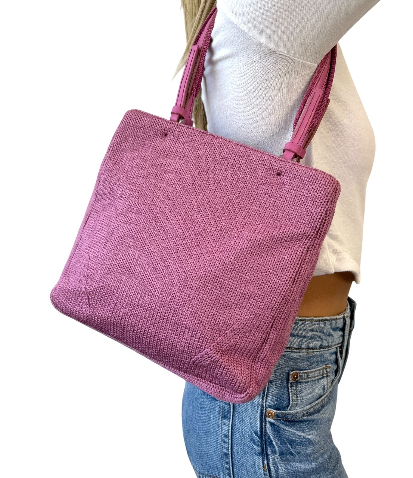 PRADA Vintage Logo Knit Tote Bag Shoulder Bag Pink Silver Wool Leather